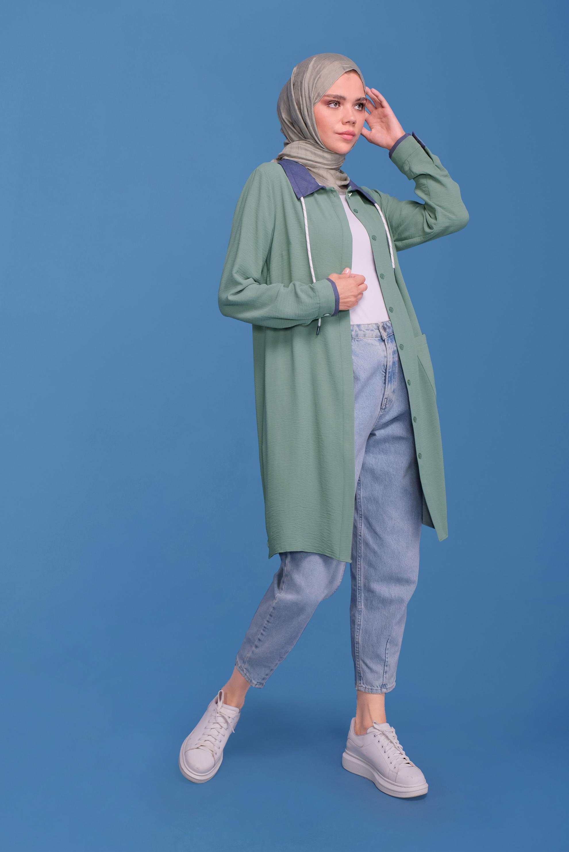 Tesettür giyim YEŞİL GİZLİ DÜĞMELİ ÇITÇIT DETAYLI TUNİK 41686