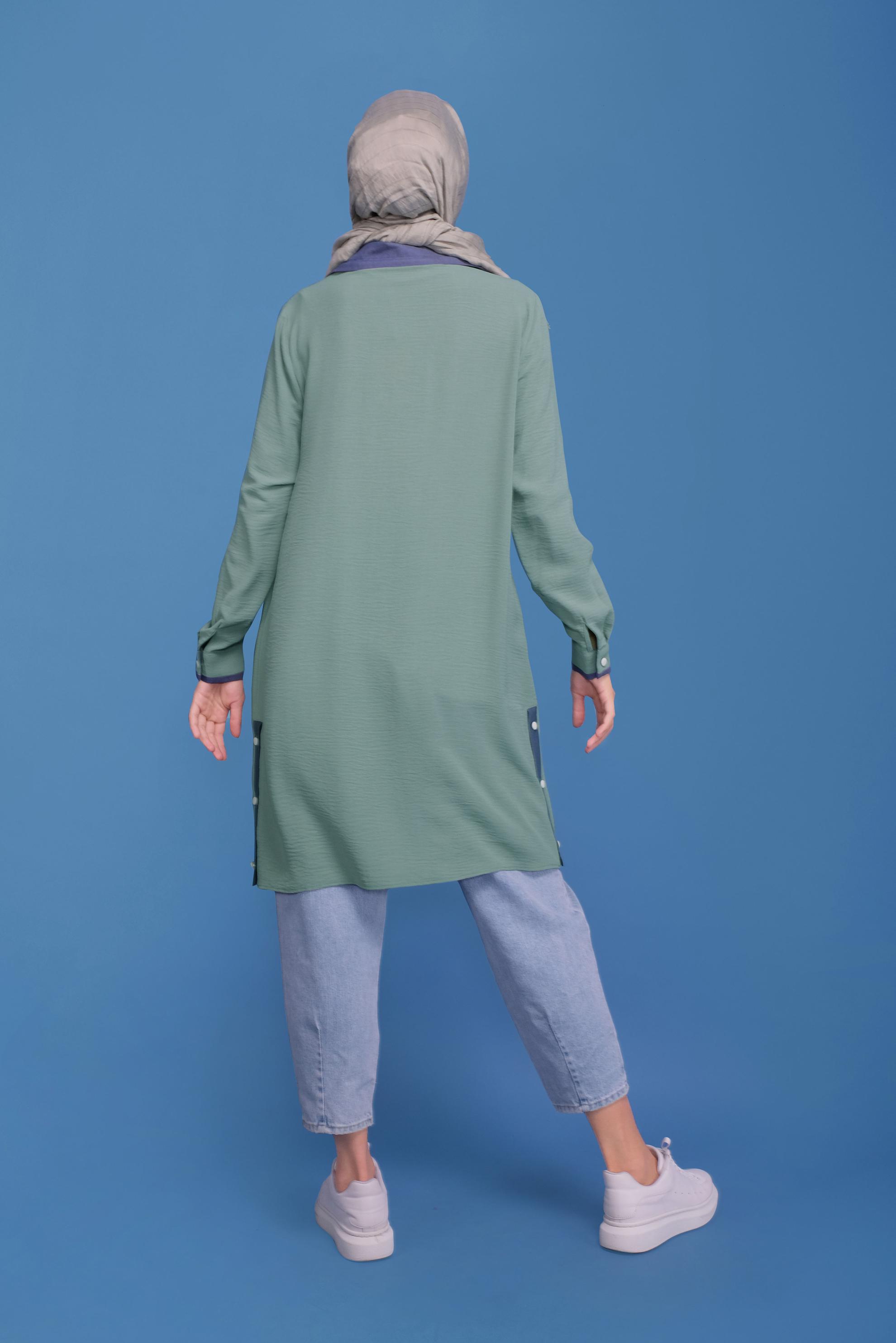 Tesettür giyim YEŞİL GİZLİ DÜĞMELİ ÇITÇIT DETAYLI TUNİK 41686