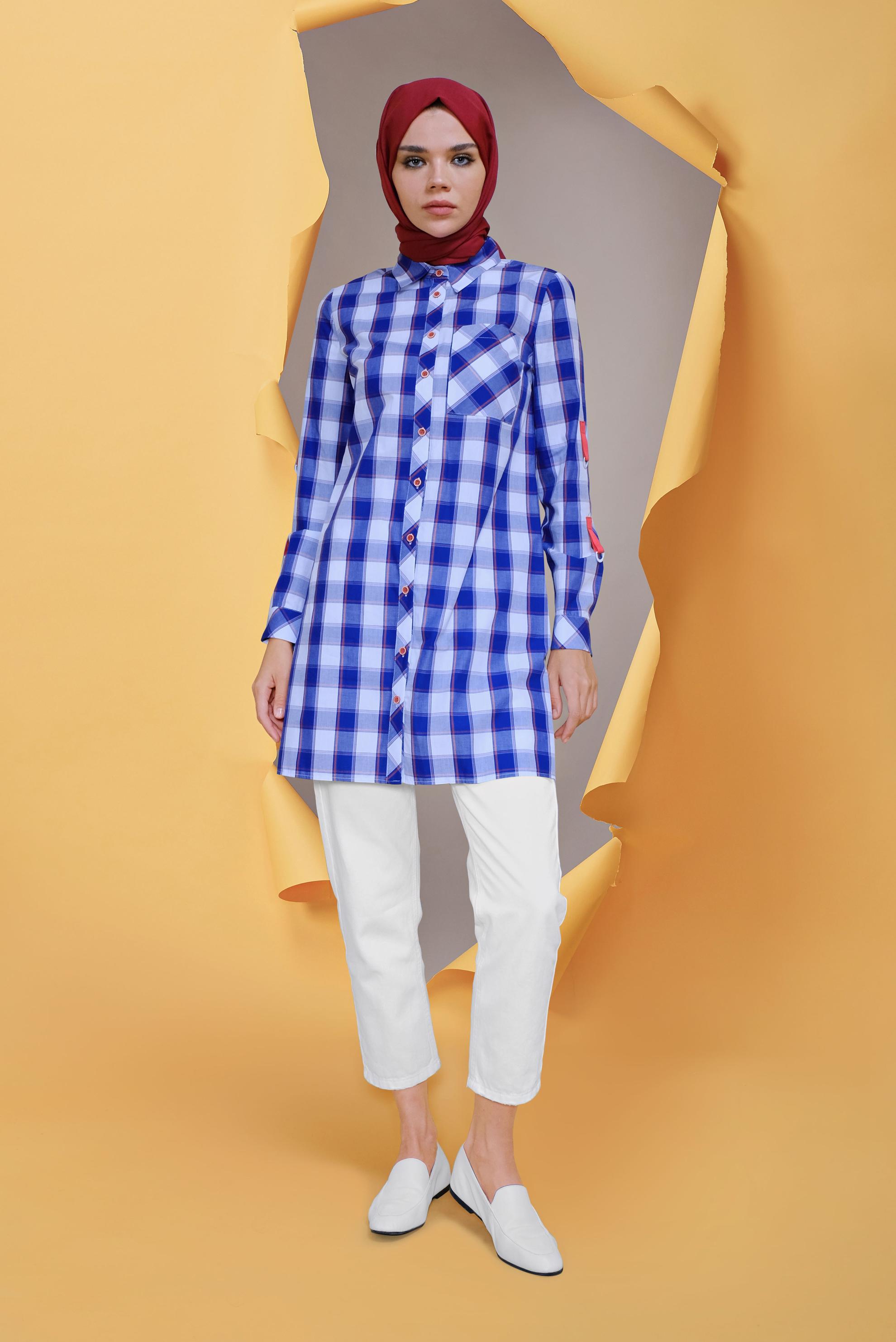 Tesettür giyim LACİVERT CEPLİ KARELİ TUNİK 41687