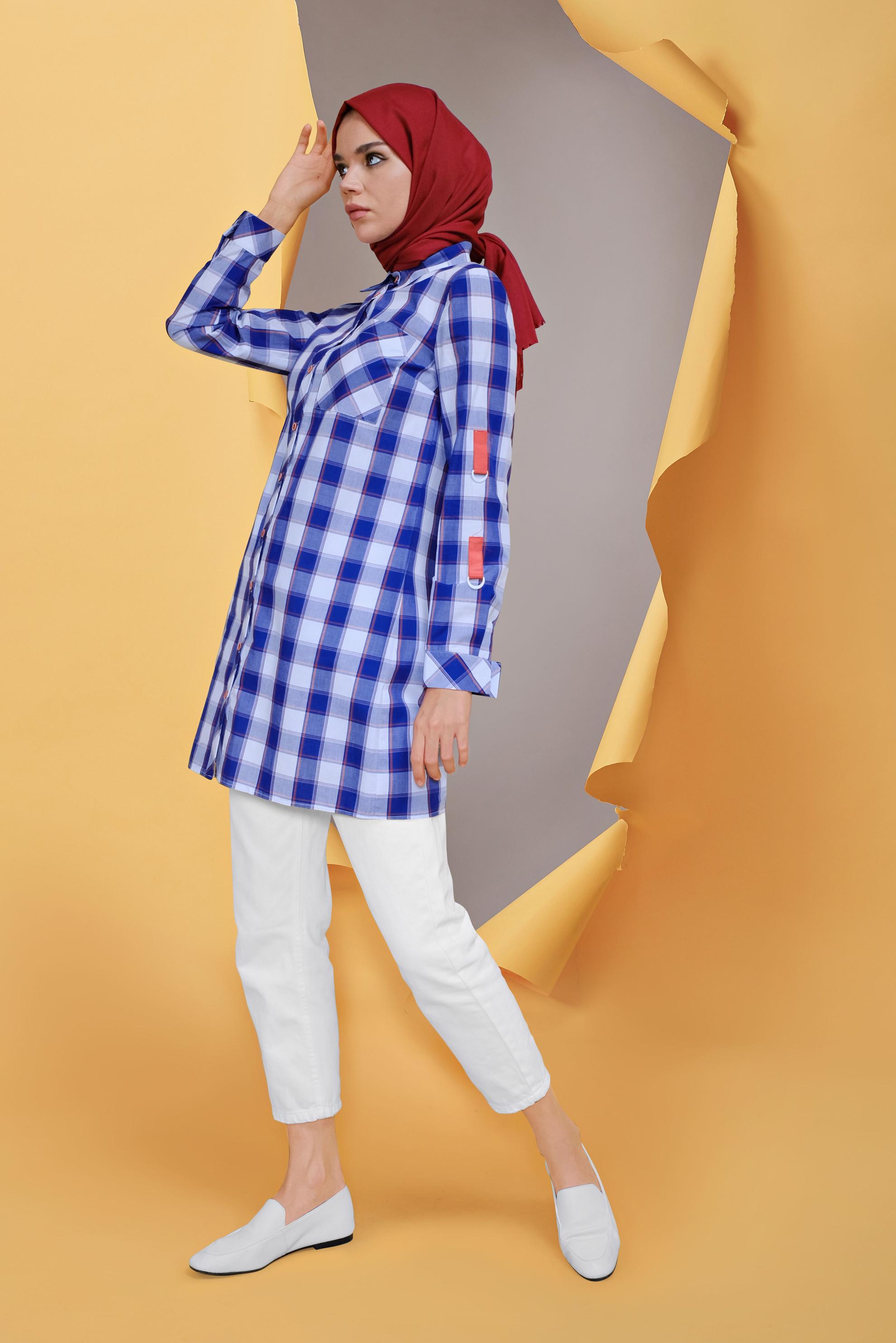 Tesettür giyim LACİVERT CEPLİ KARELİ TUNİK 41687