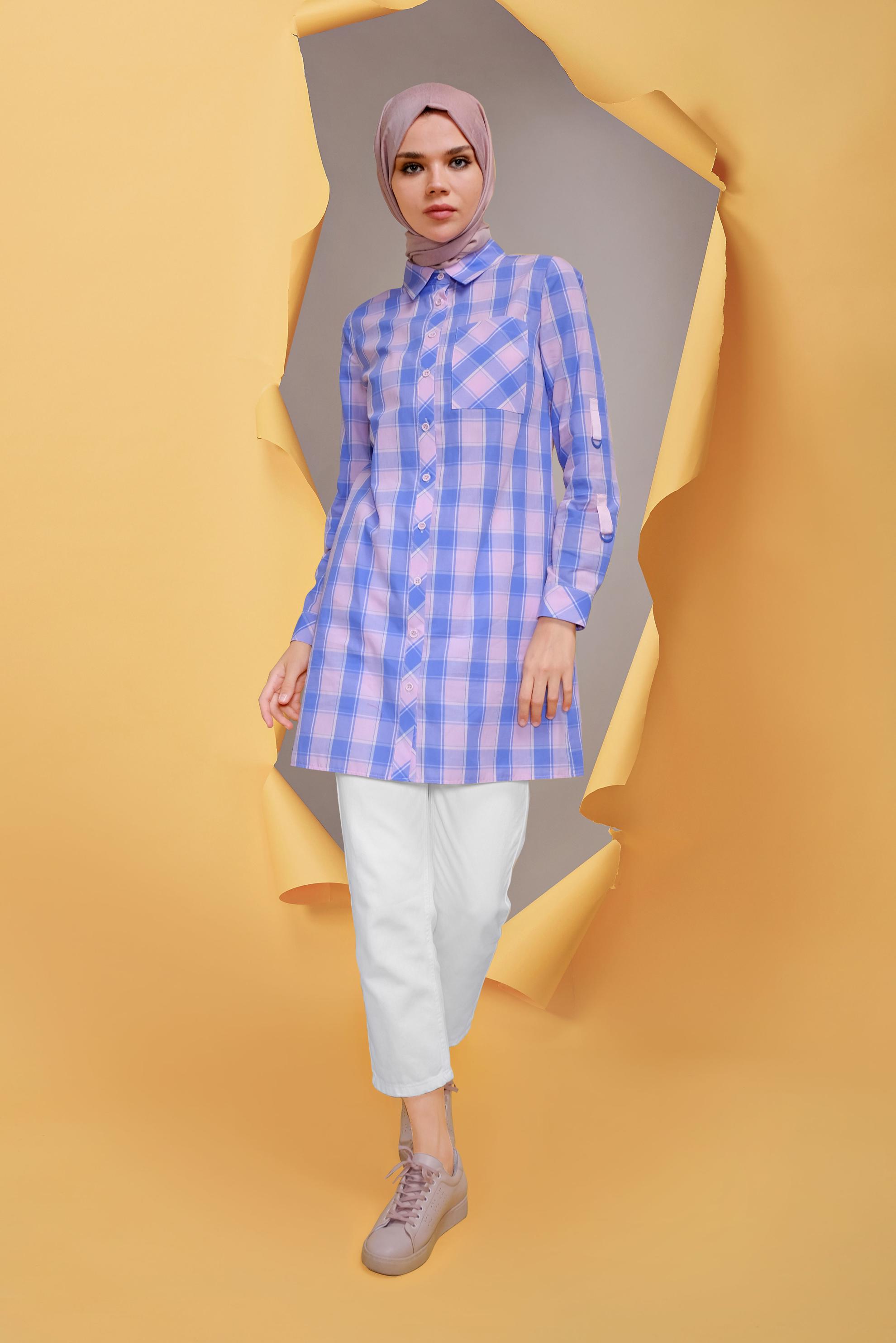 Tesettür giyim PEMBE CEPLİ KARELİ TUNİK 41687