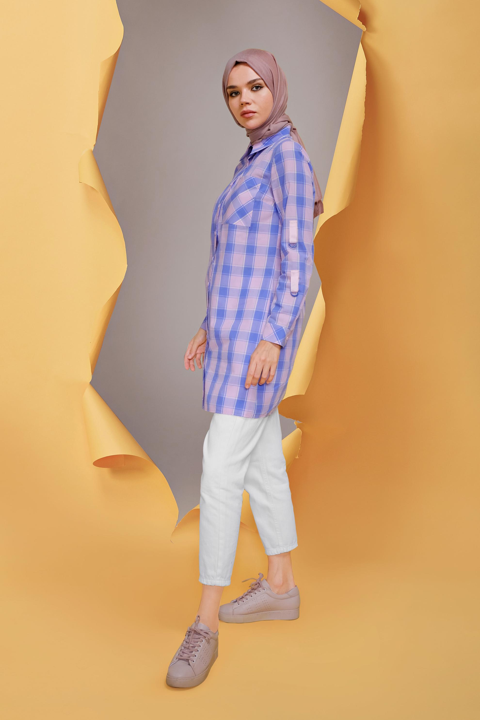 Tesettür giyim PEMBE CEPLİ KARELİ TUNİK 41687