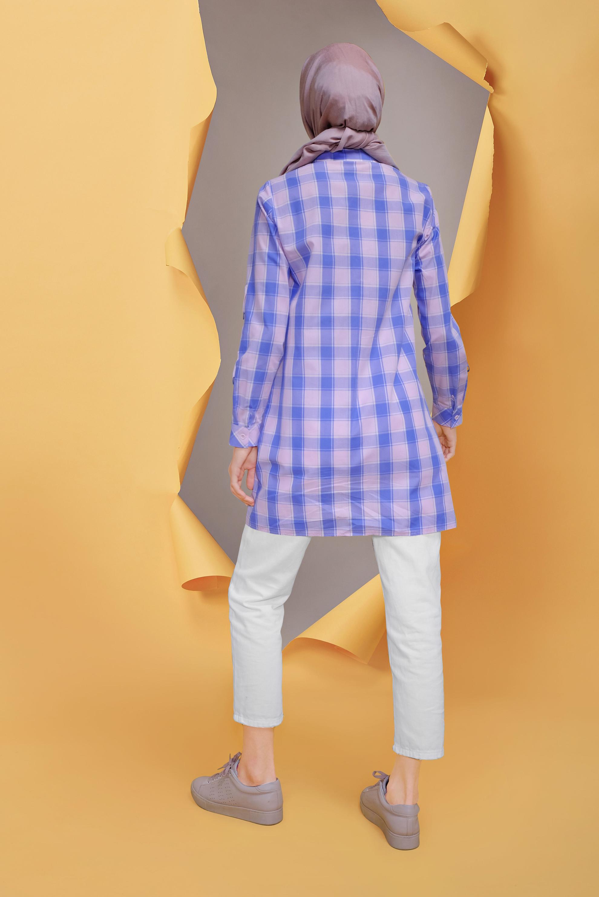 Tesettür giyim PEMBE CEPLİ KARELİ TUNİK 41687