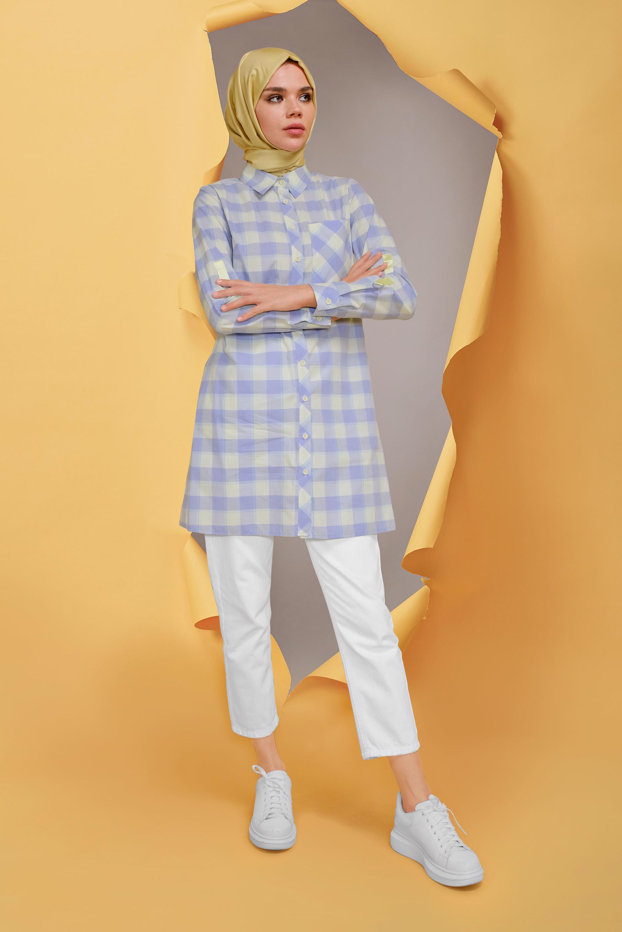 Tesettür giyim MAVİ CEPLİ KARELİ TUNİK 41687