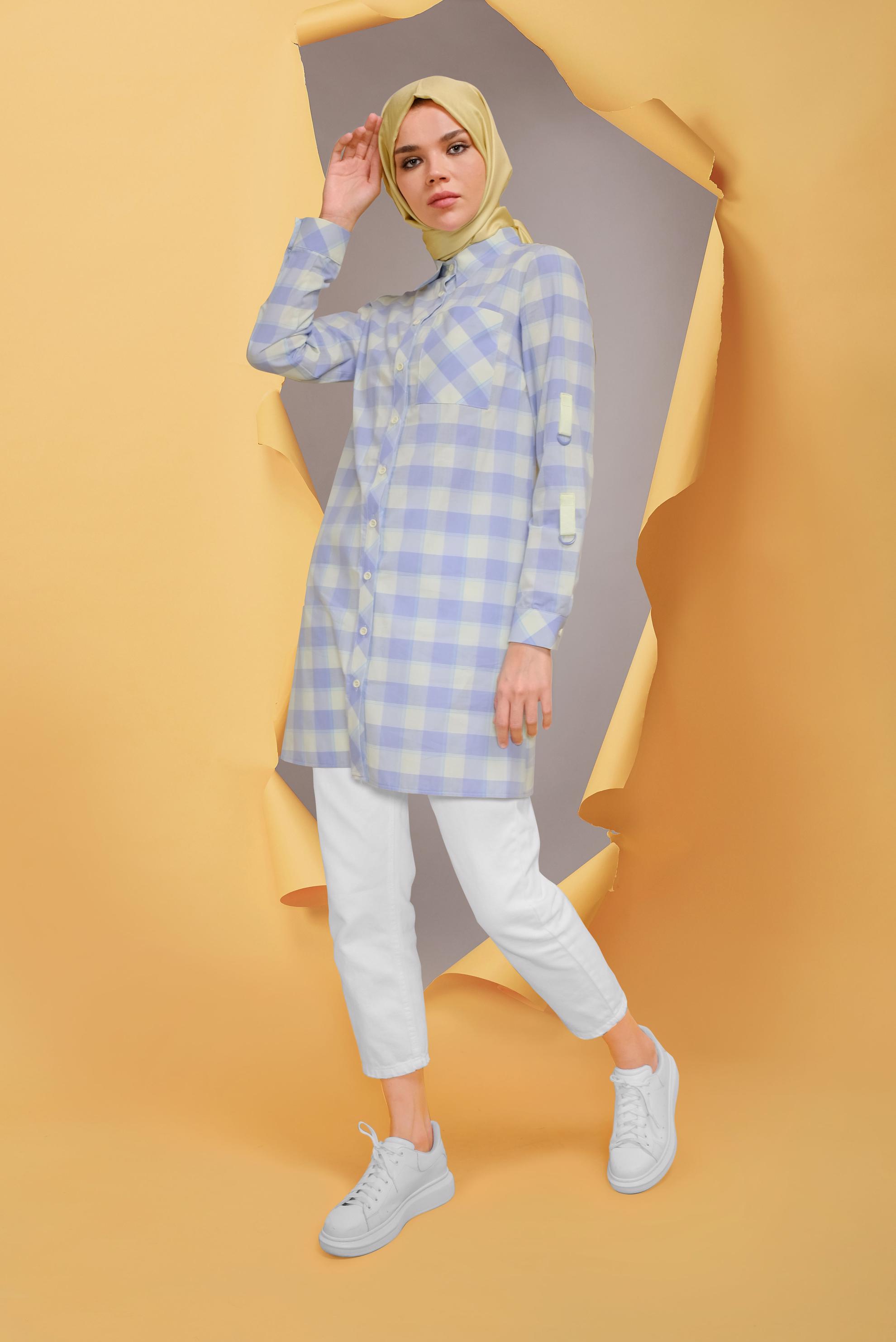 Tesettür giyim MAVİ CEPLİ KARELİ TUNİK 41687