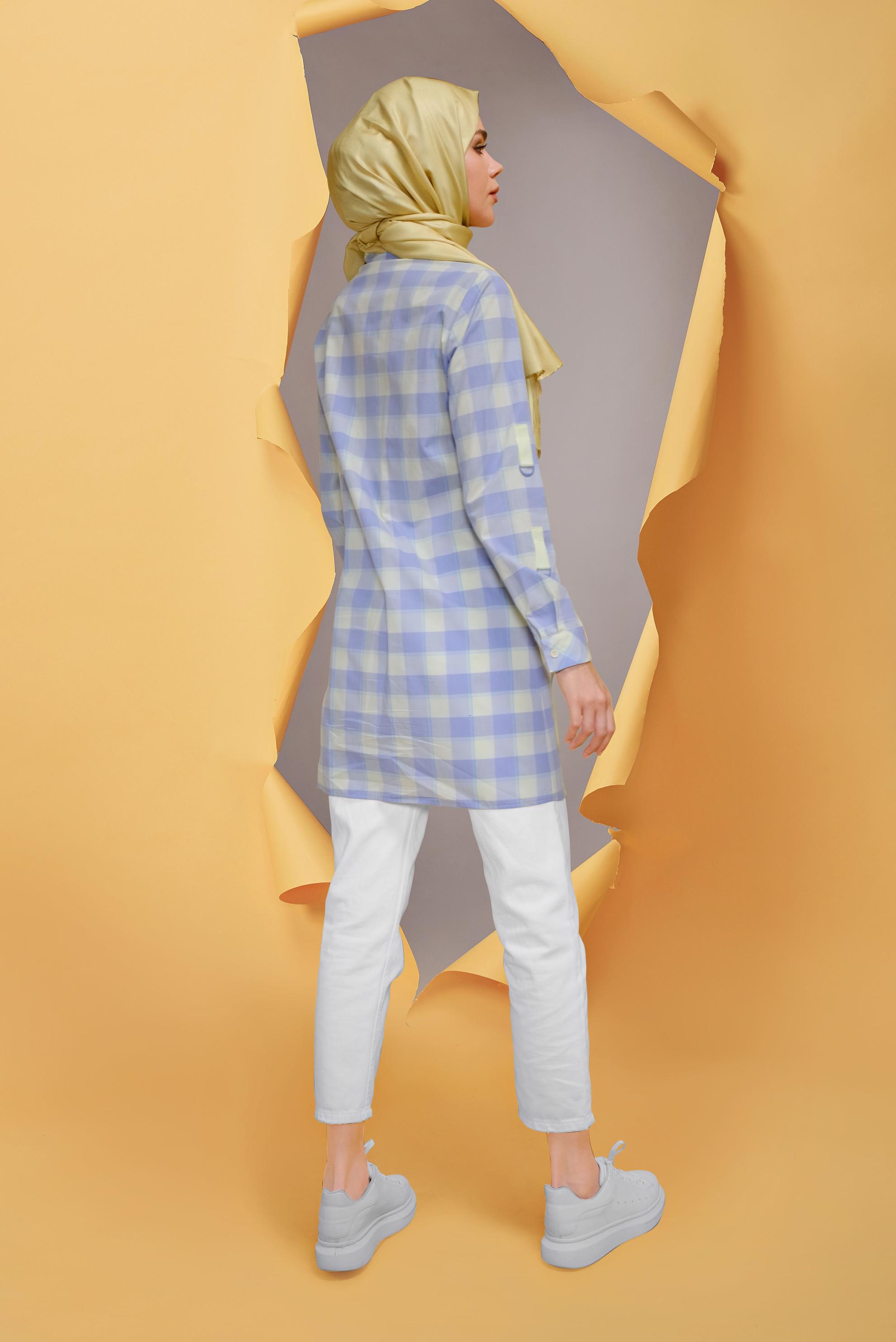 Tesettür giyim MAVİ CEPLİ KARELİ TUNİK 41687