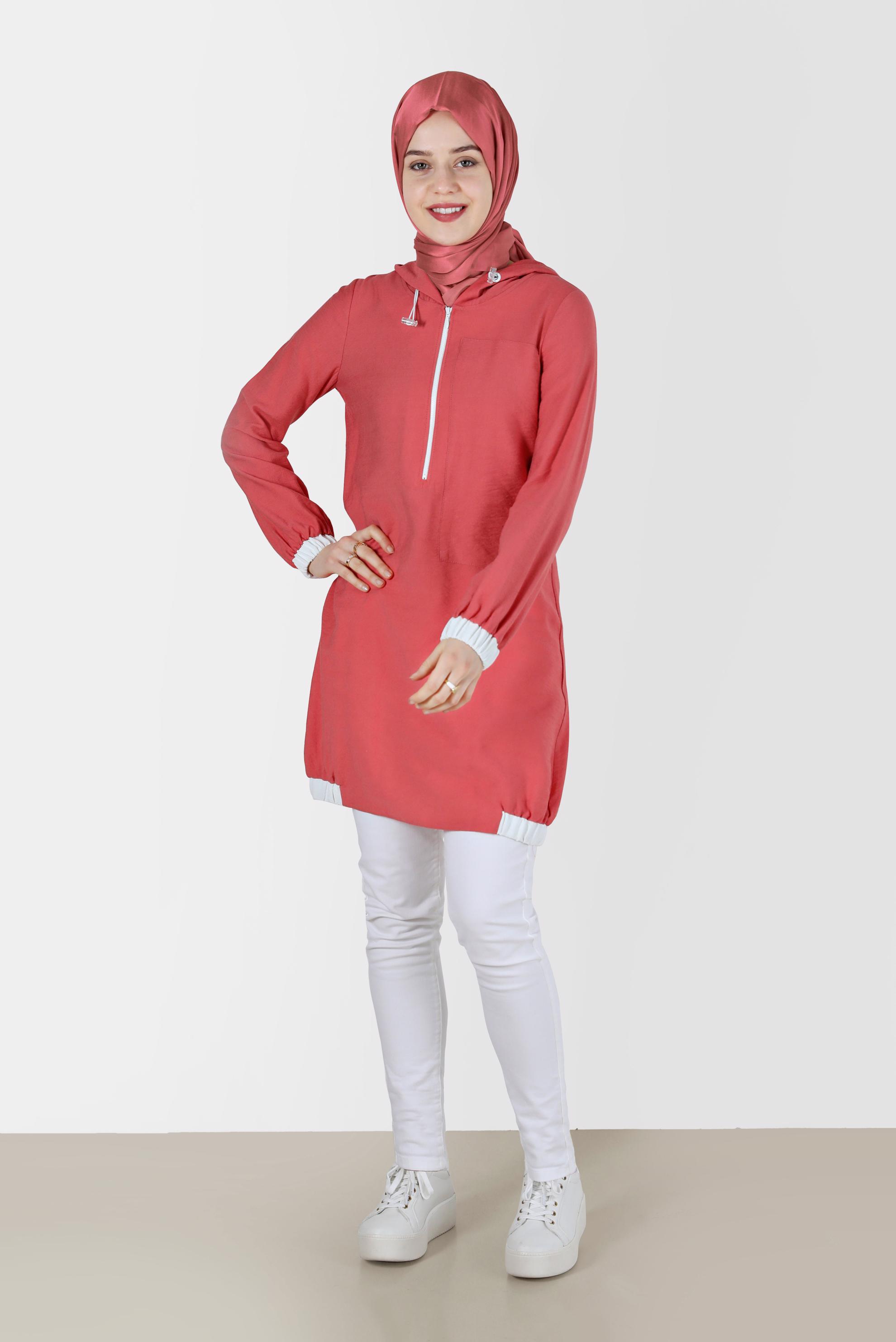 Tesettür giyim MERCAN FERMUAR DETAYLI KAPÜŞONLU TUNİK 41688 