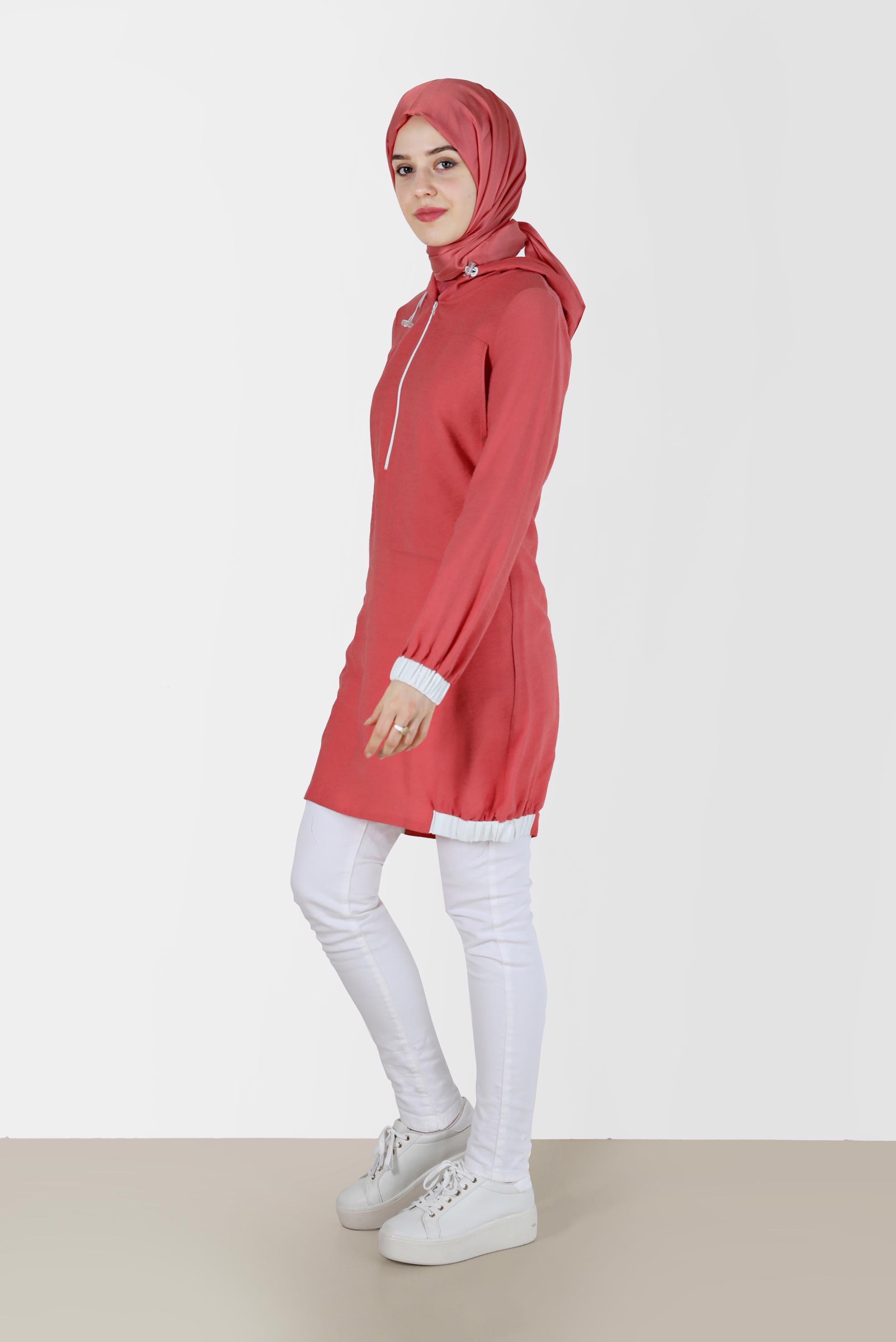 Tesettür giyim MERCAN FERMUAR DETAYLI KAPÜŞONLU TUNİK 41688 