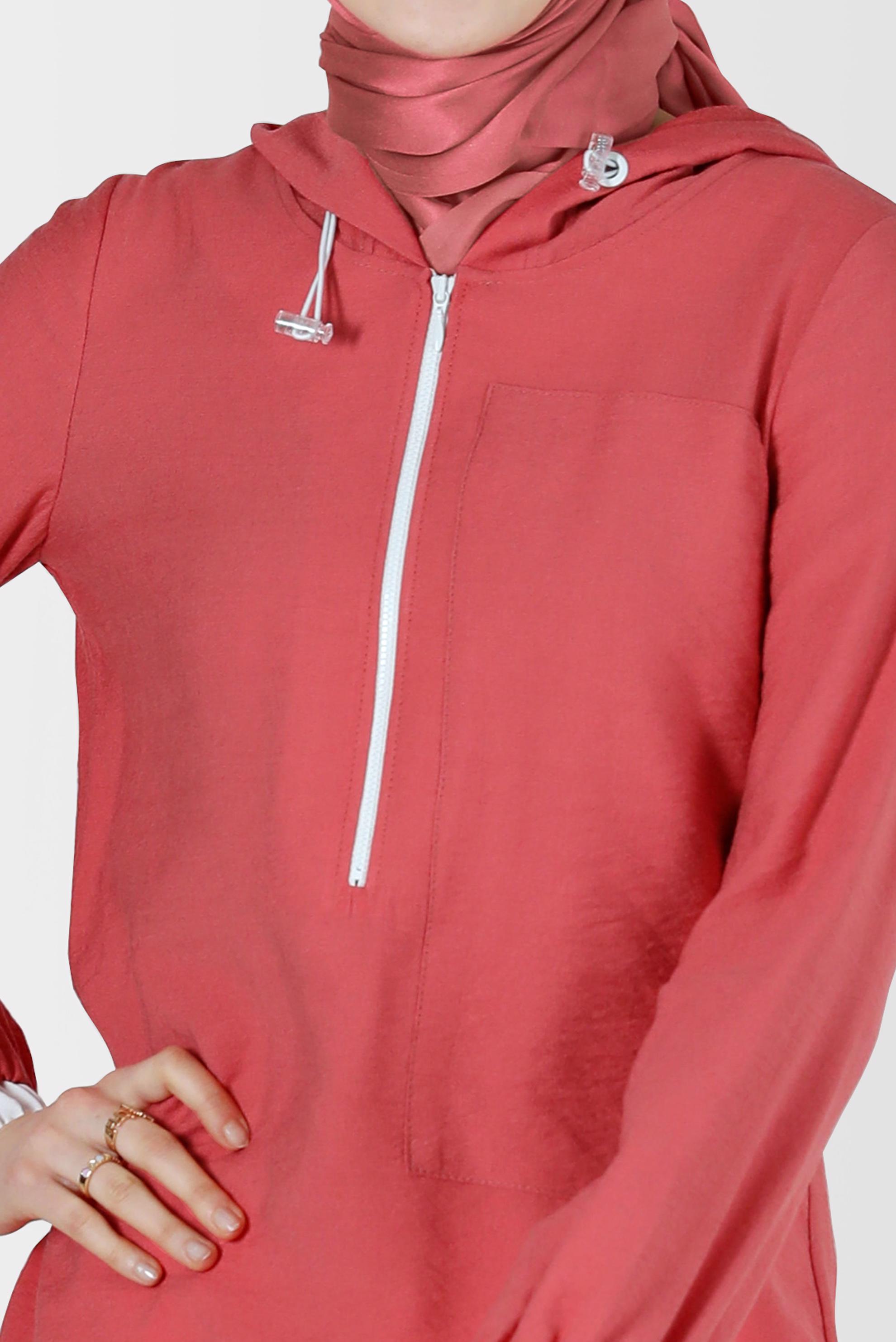 Tesettür giyim MERCAN FERMUAR DETAYLI KAPÜŞONLU TUNİK 41688 