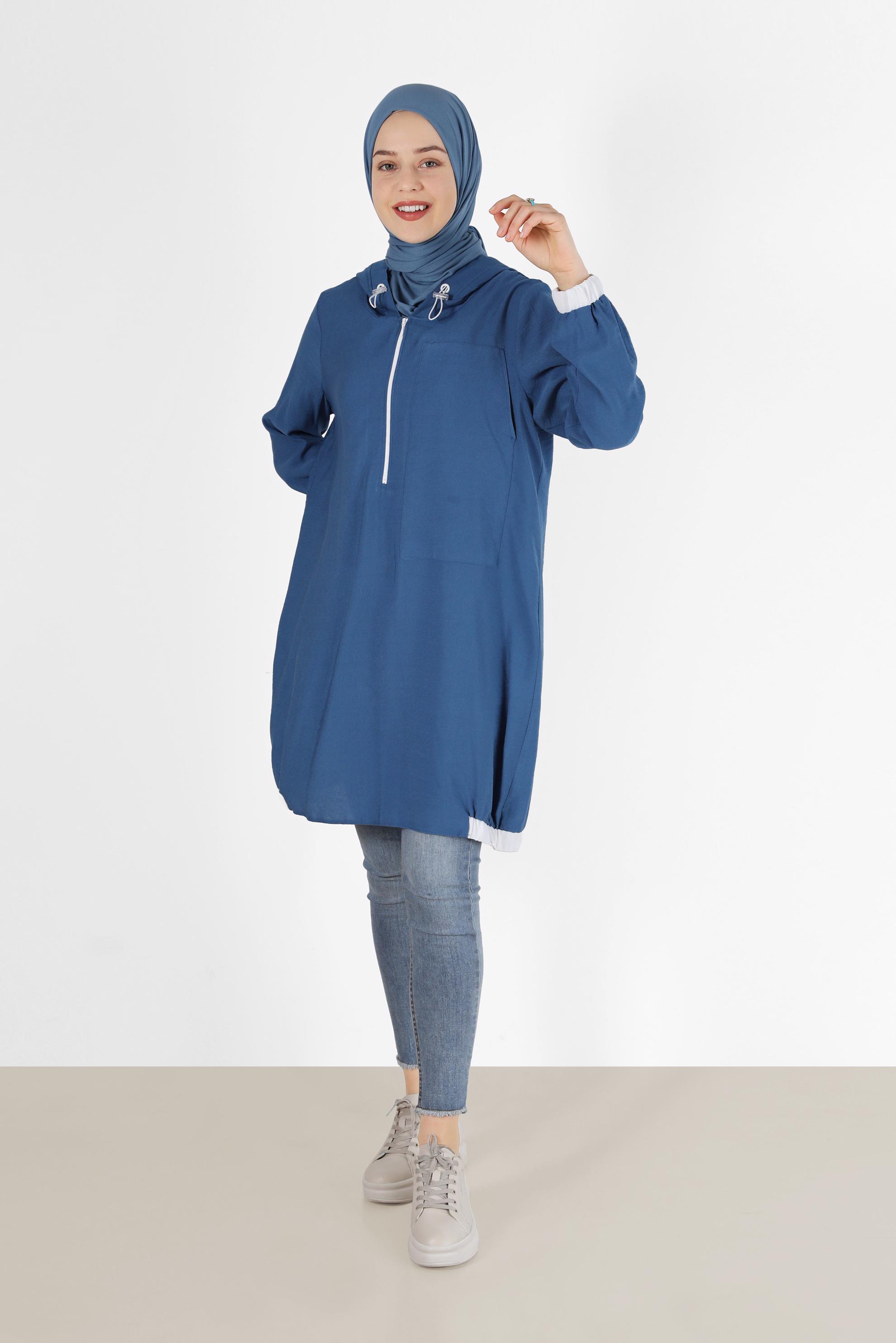 Tesettür giyim LACİVERT FERMUAR DETAYLI KAPÜŞONLU TUNİK 41688 