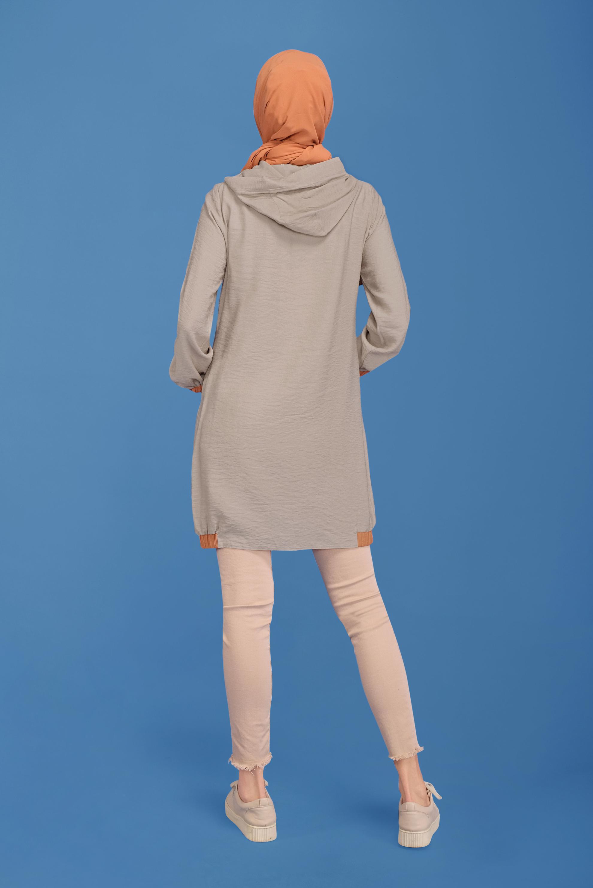 Tesettür giyim BEJ FERMUAR DETAYLI KAPÜŞONLU TUNİK 41688 