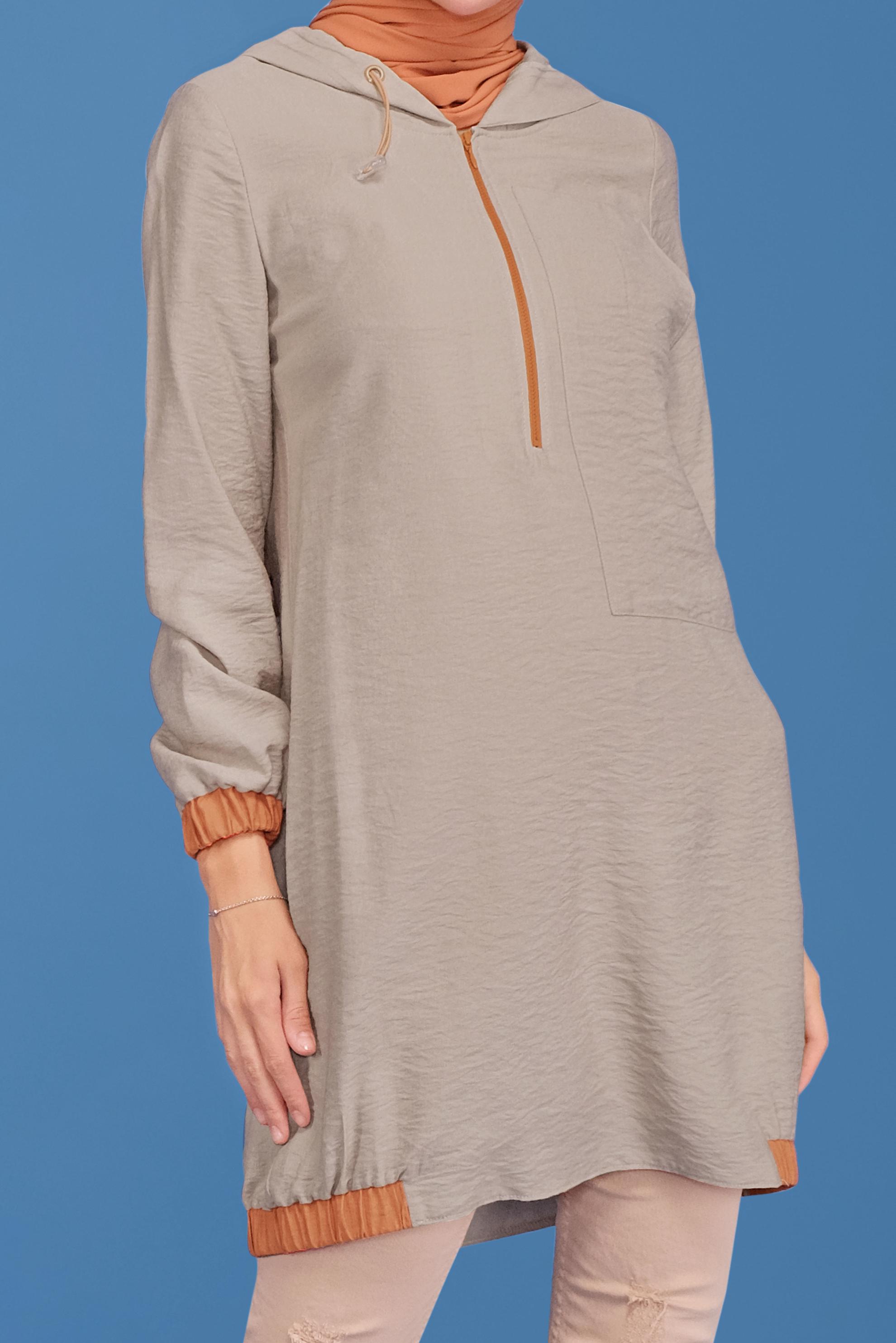 Tesettür giyim BEJ FERMUAR DETAYLI KAPÜŞONLU TUNİK 41688 