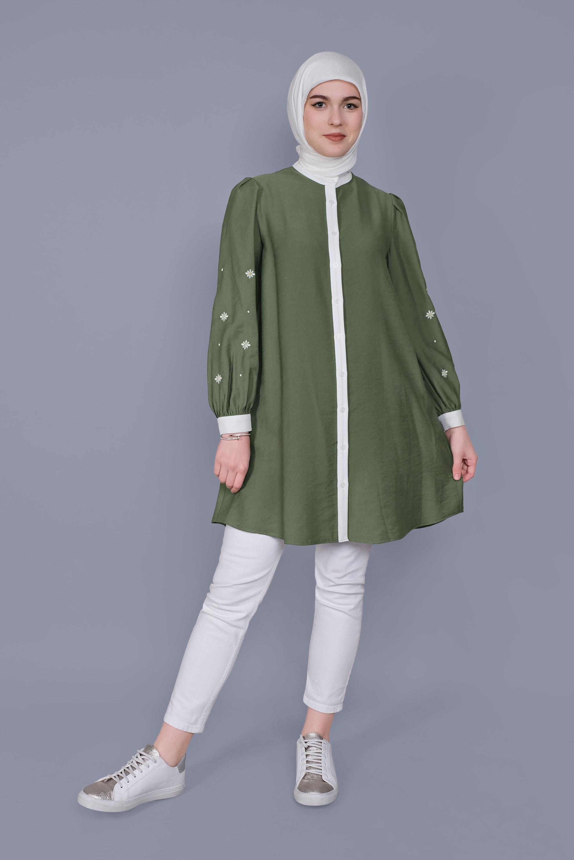 Tesettür giyim HAKİ PAPATYA NAKIŞLI TUNİK 41689 