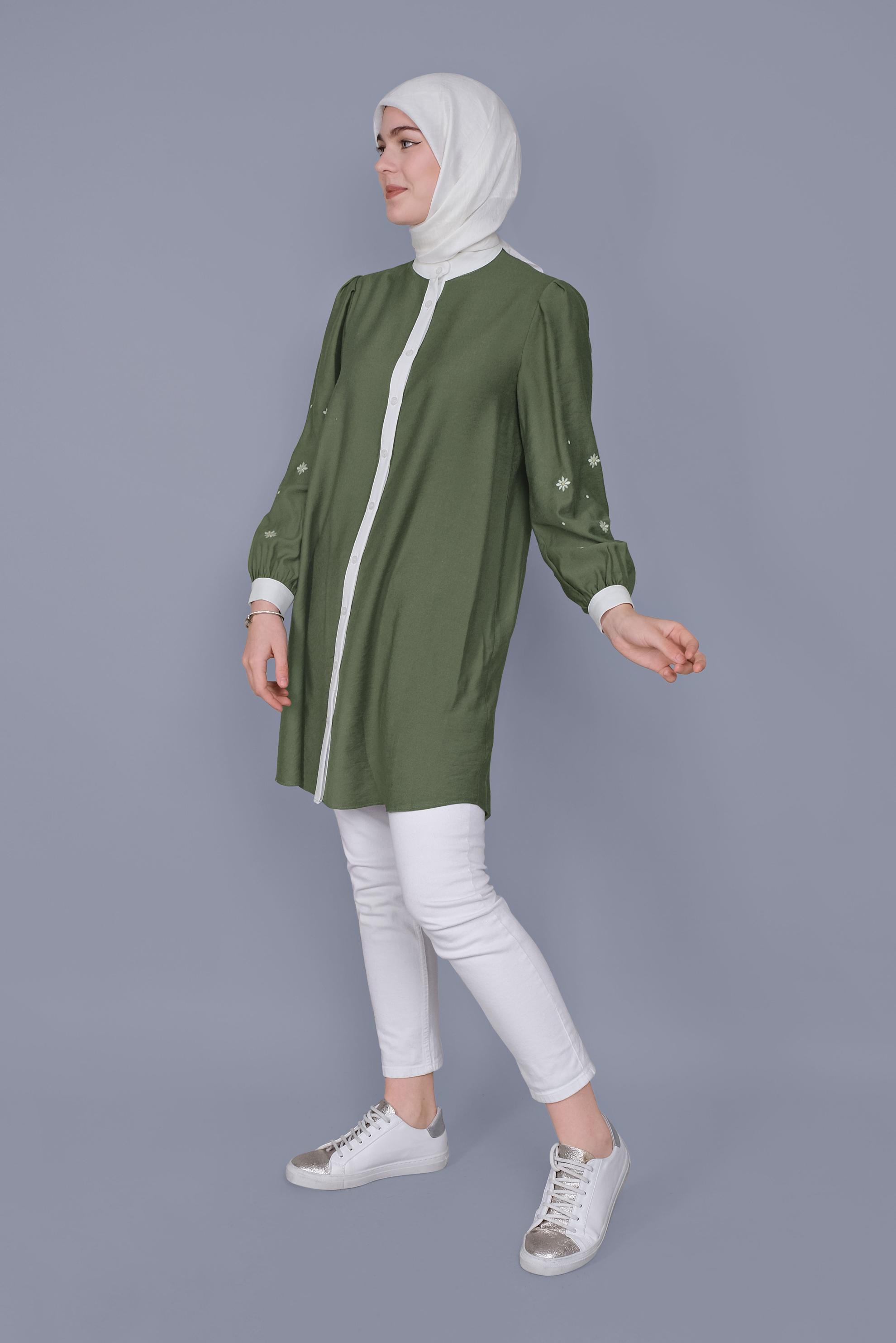 Tesettür giyim HAKİ PAPATYA NAKIŞLI TUNİK 41689 