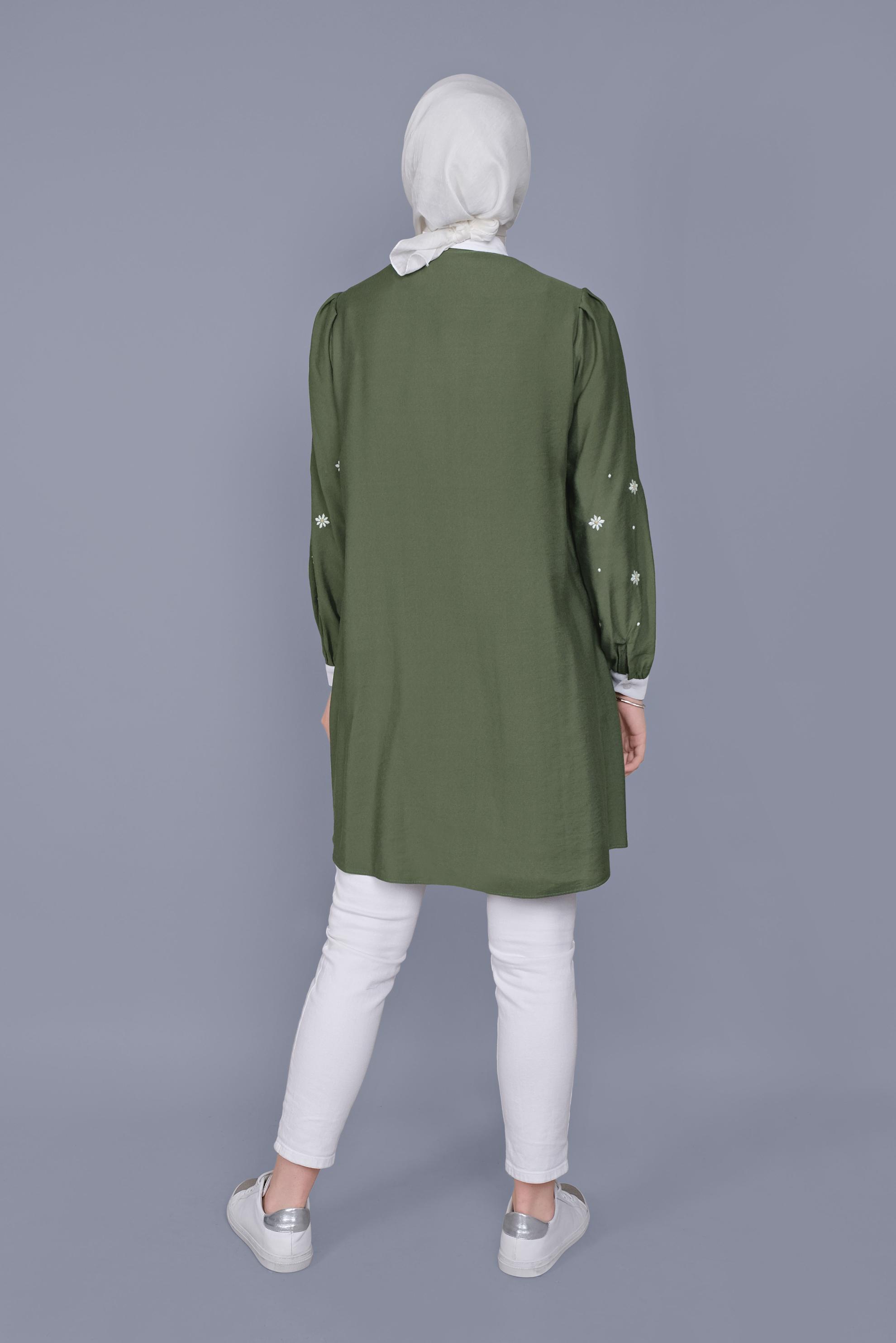 Tesettür giyim HAKİ PAPATYA NAKIŞLI TUNİK 41689 