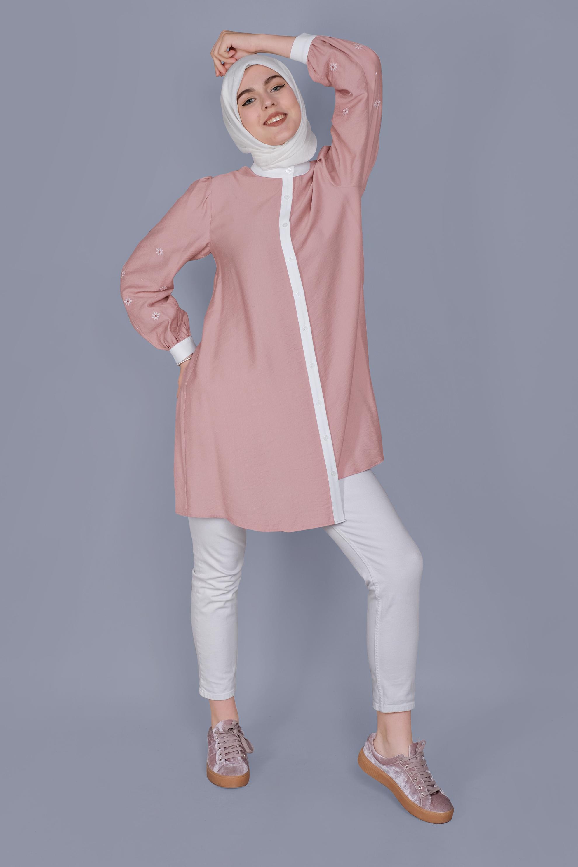 Tesettür giyim PUDRA PAPATYA NAKIŞLI TUNİK 41689 