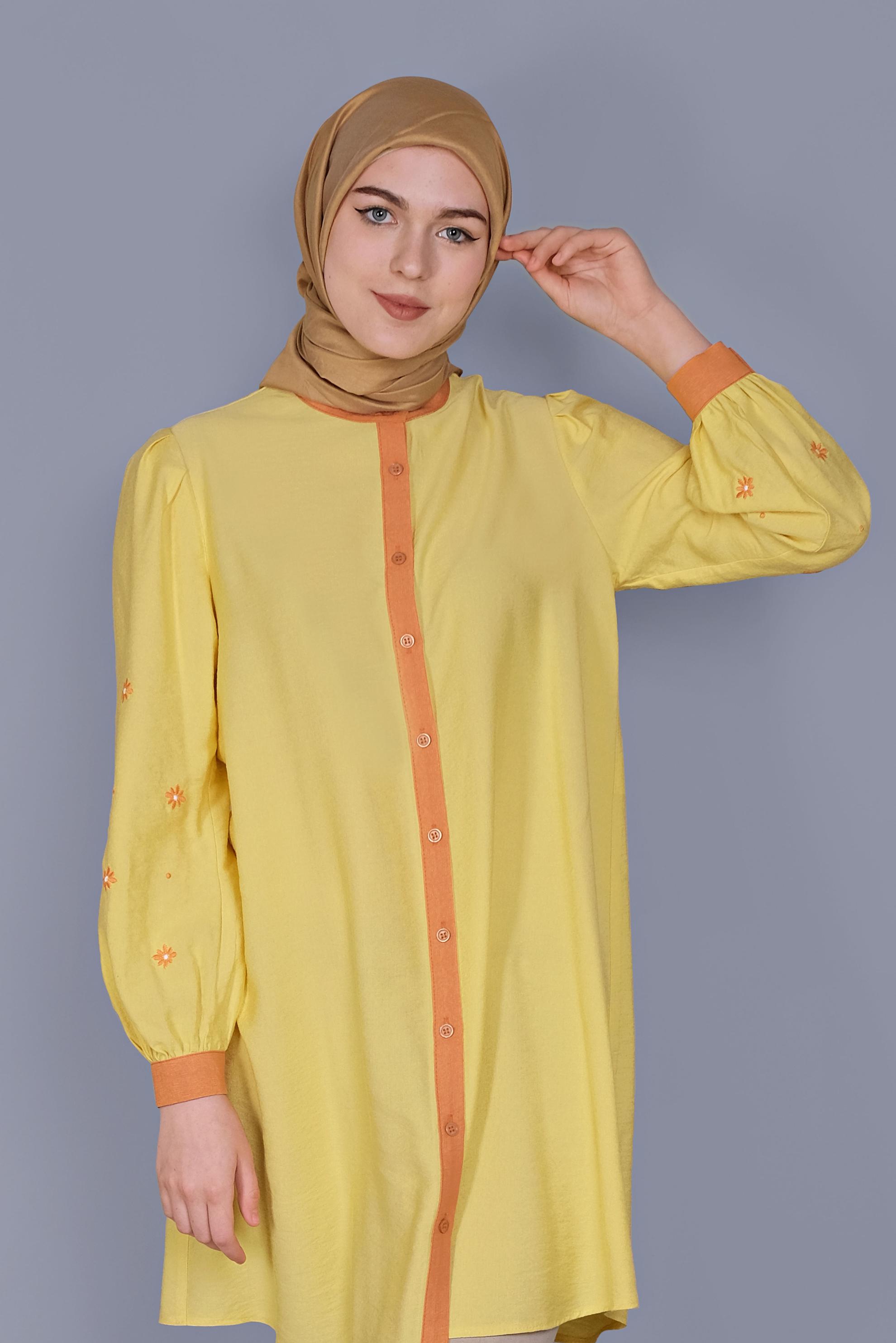 Tesettür giyim SARI PAPATYA NAKIŞLI TUNİK 41689 