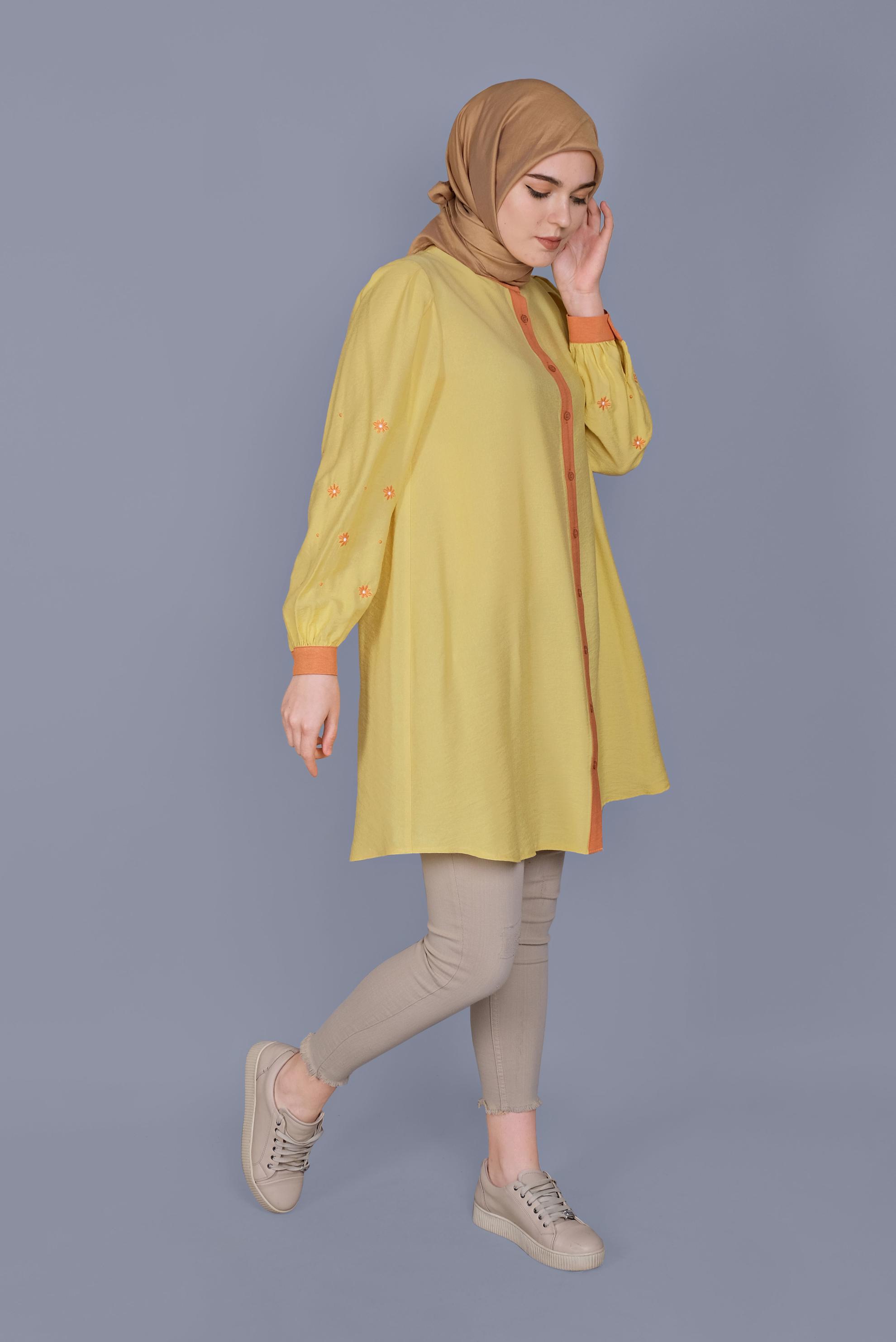 Tesettür giyim SARI PAPATYA NAKIŞLI TUNİK 41689 