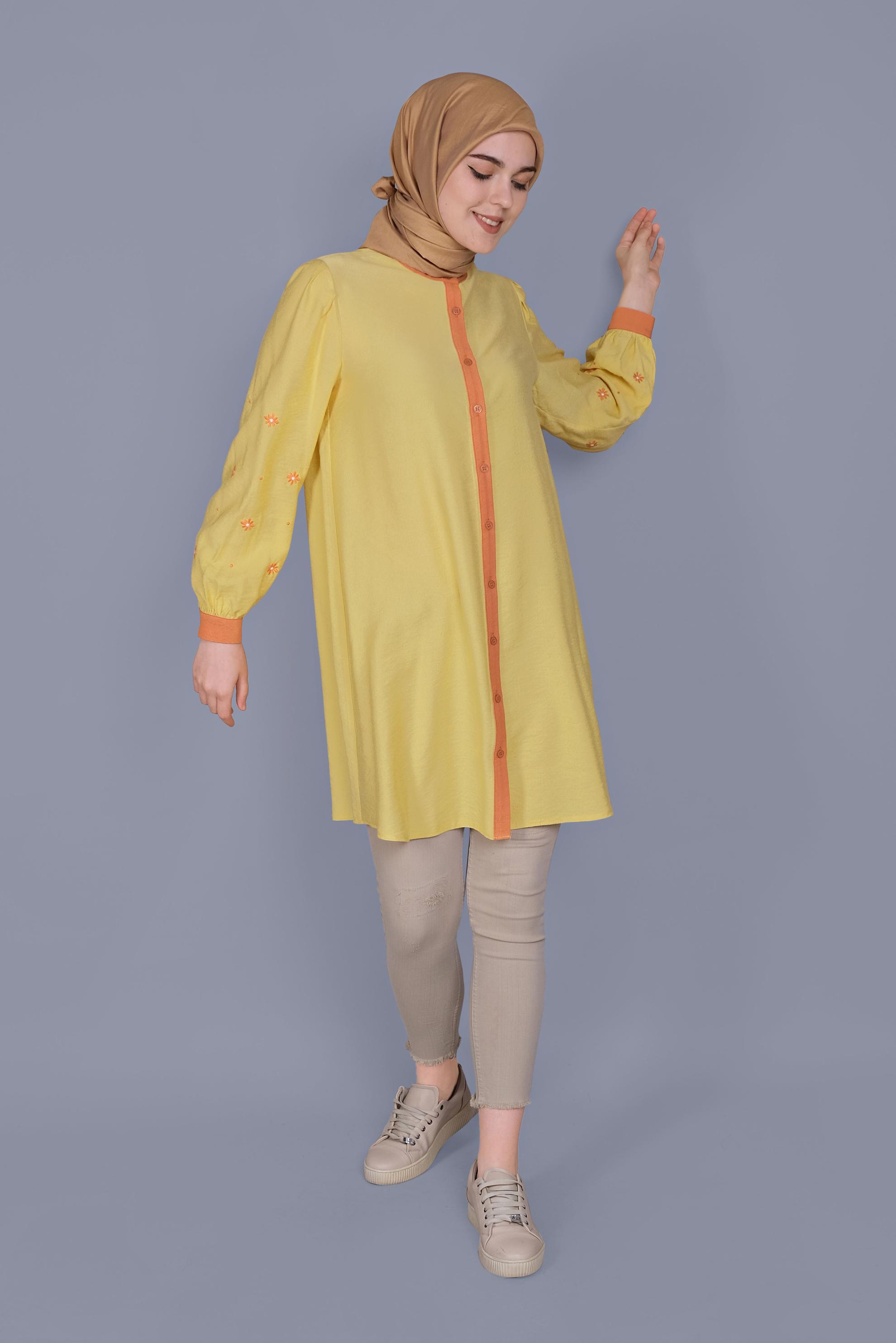 Tesettür giyim SARI PAPATYA NAKIŞLI TUNİK 41689 