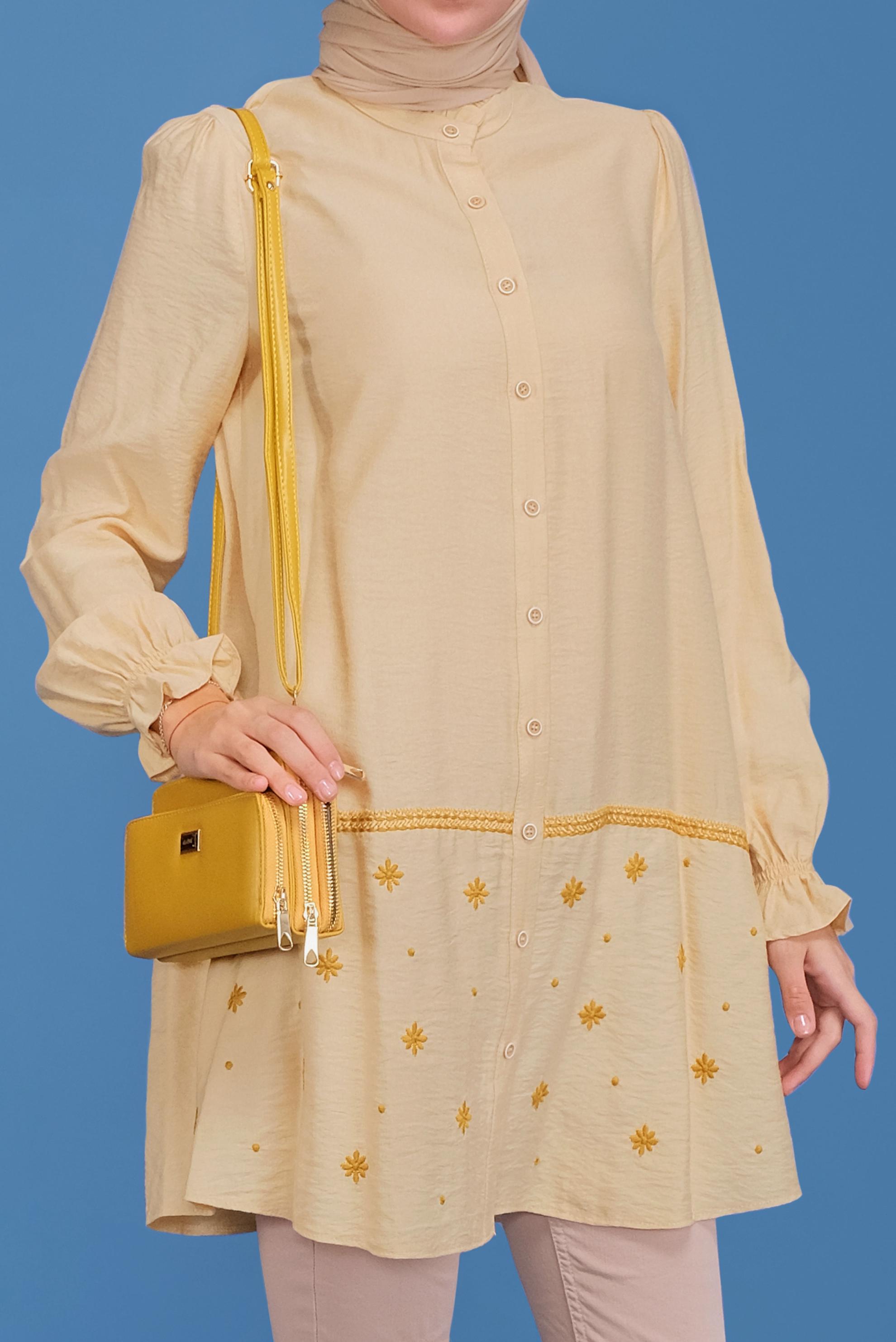 Tesettür giyim BEJ KOLLARI BÜZGÜLÜ İŞLEME DETAYLI TUNİK 41690 