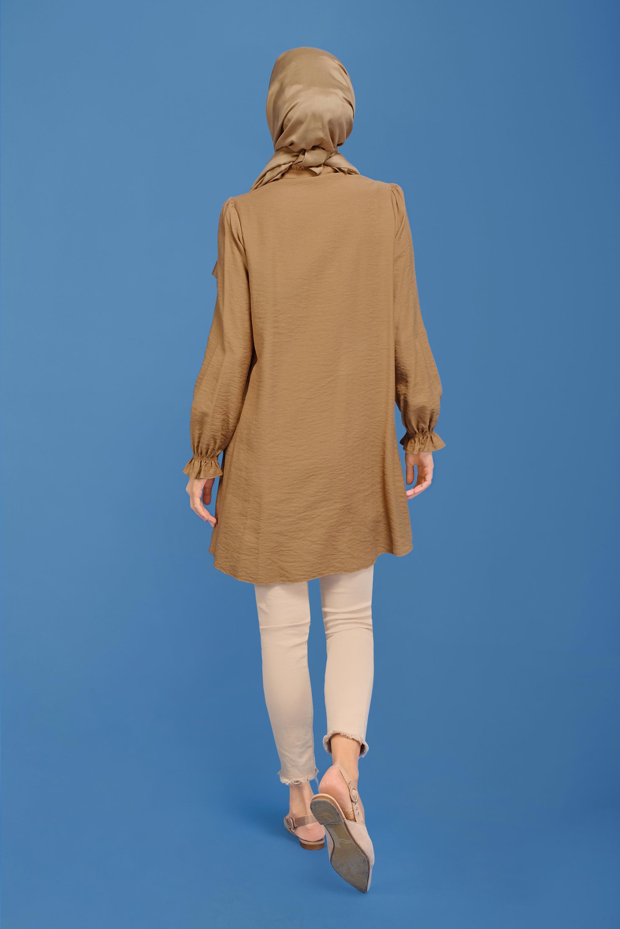 Tesettür giyim KAHVE KOLLARI BÜZGÜLÜ İŞLEME DETAYLI TUNİK 41690 