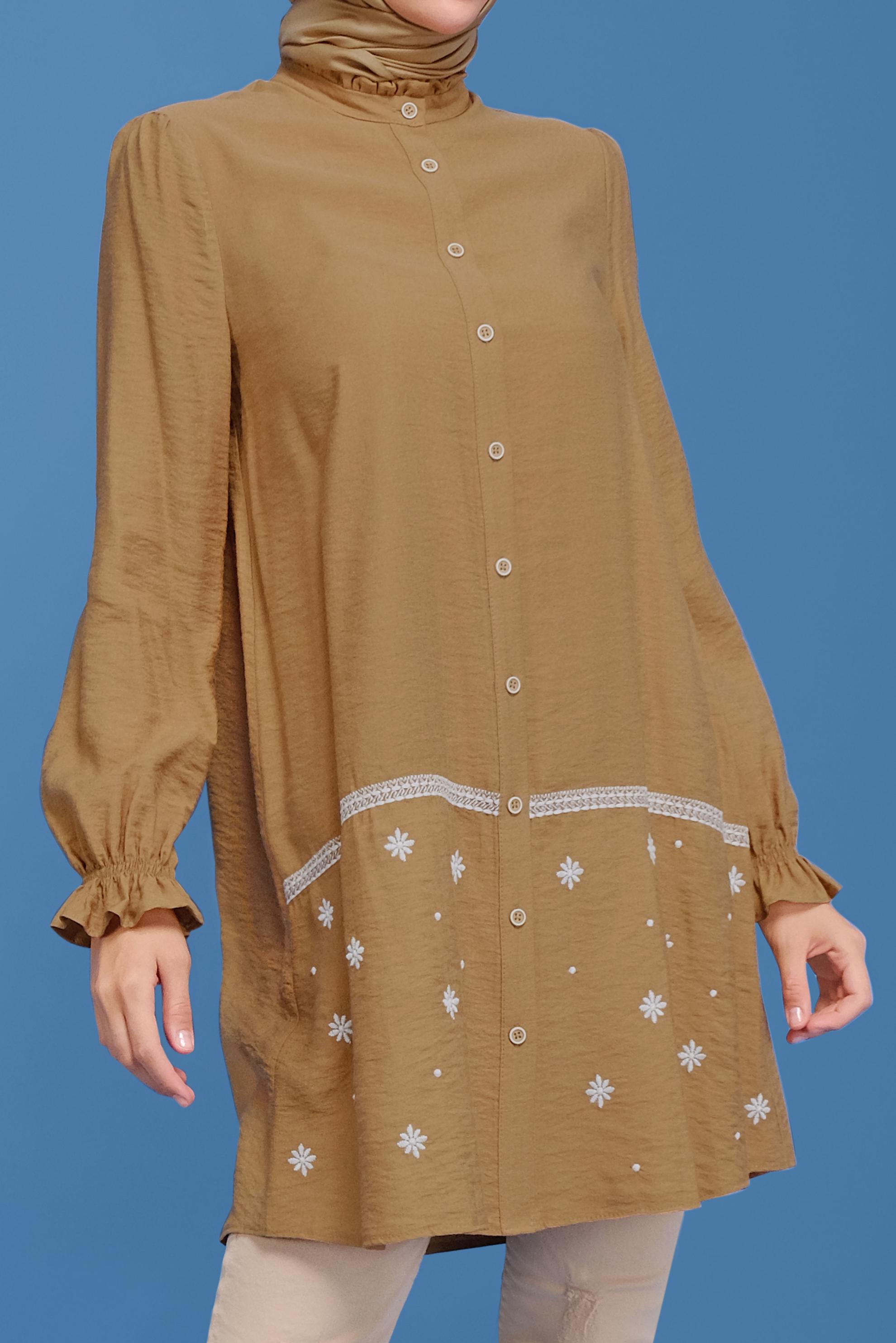 Tesettür giyim KAHVE KOLLARI BÜZGÜLÜ İŞLEME DETAYLI TUNİK 41690 