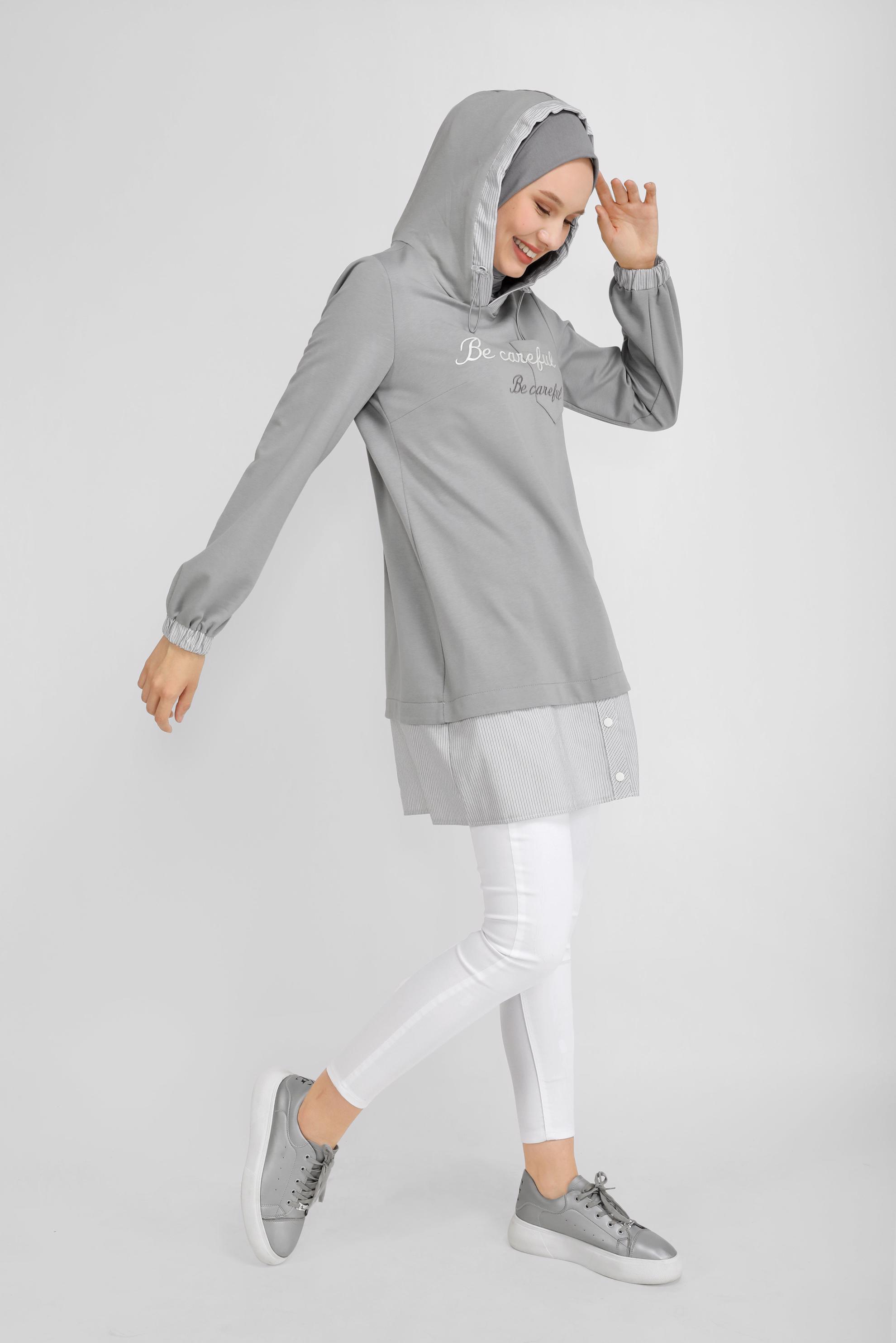 Tesettür giyim GRİ NAKIŞLI MANŞETLERİ LASTİKLİ TUNİK 41691