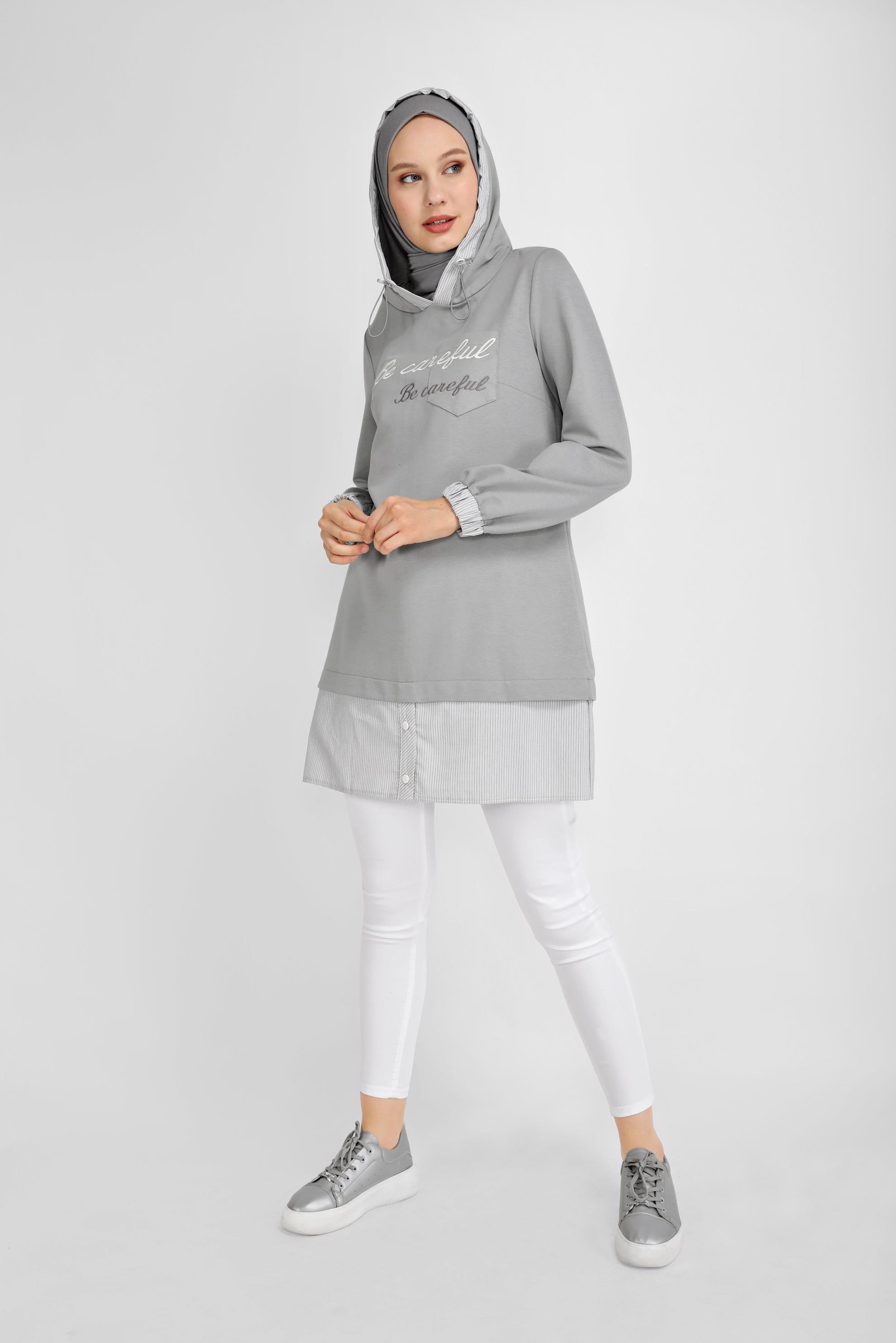 Tesettür giyim GRİ NAKIŞLI MANŞETLERİ LASTİKLİ TUNİK 41691