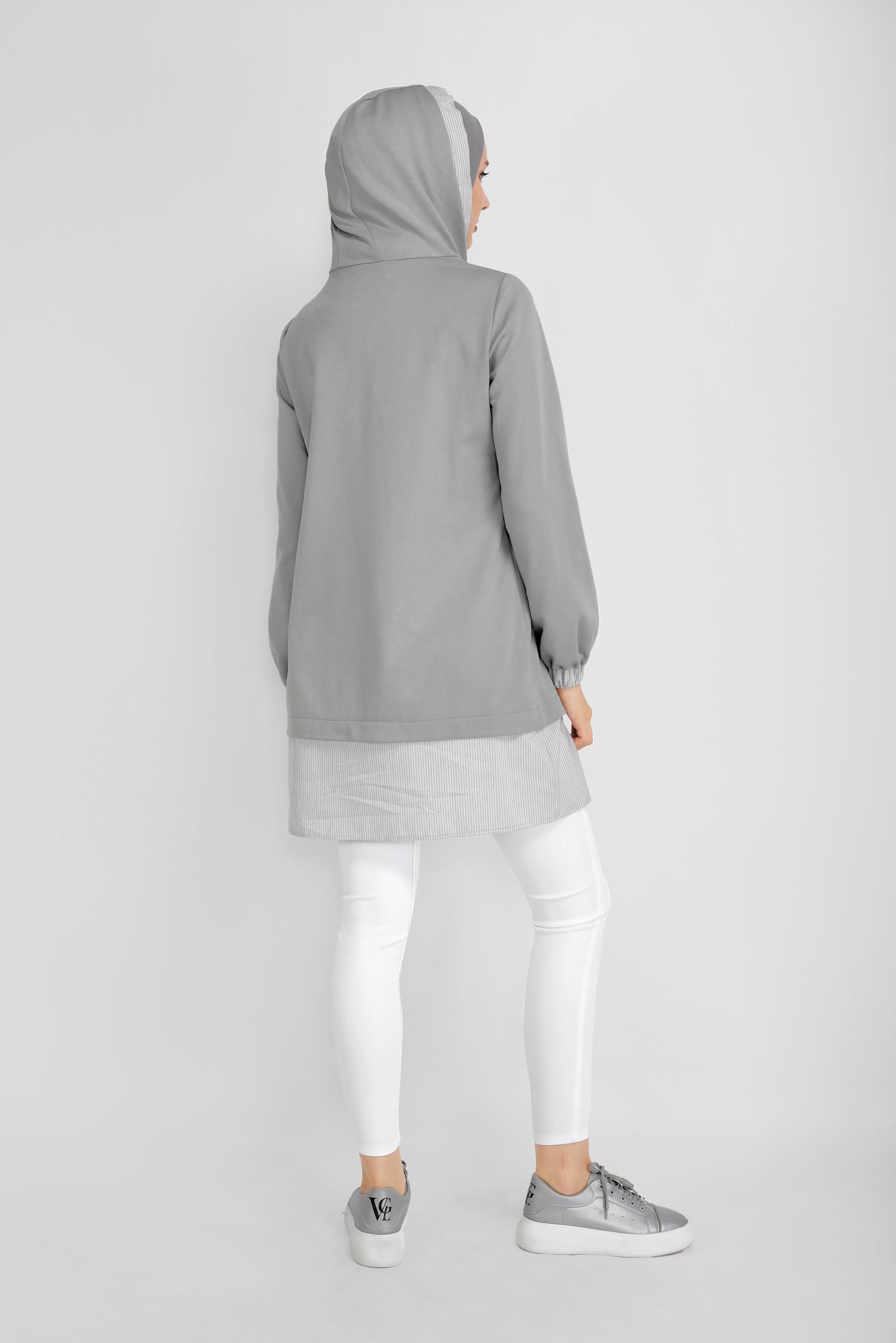 Tesettür giyim GRİ NAKIŞLI MANŞETLERİ LASTİKLİ TUNİK 41691