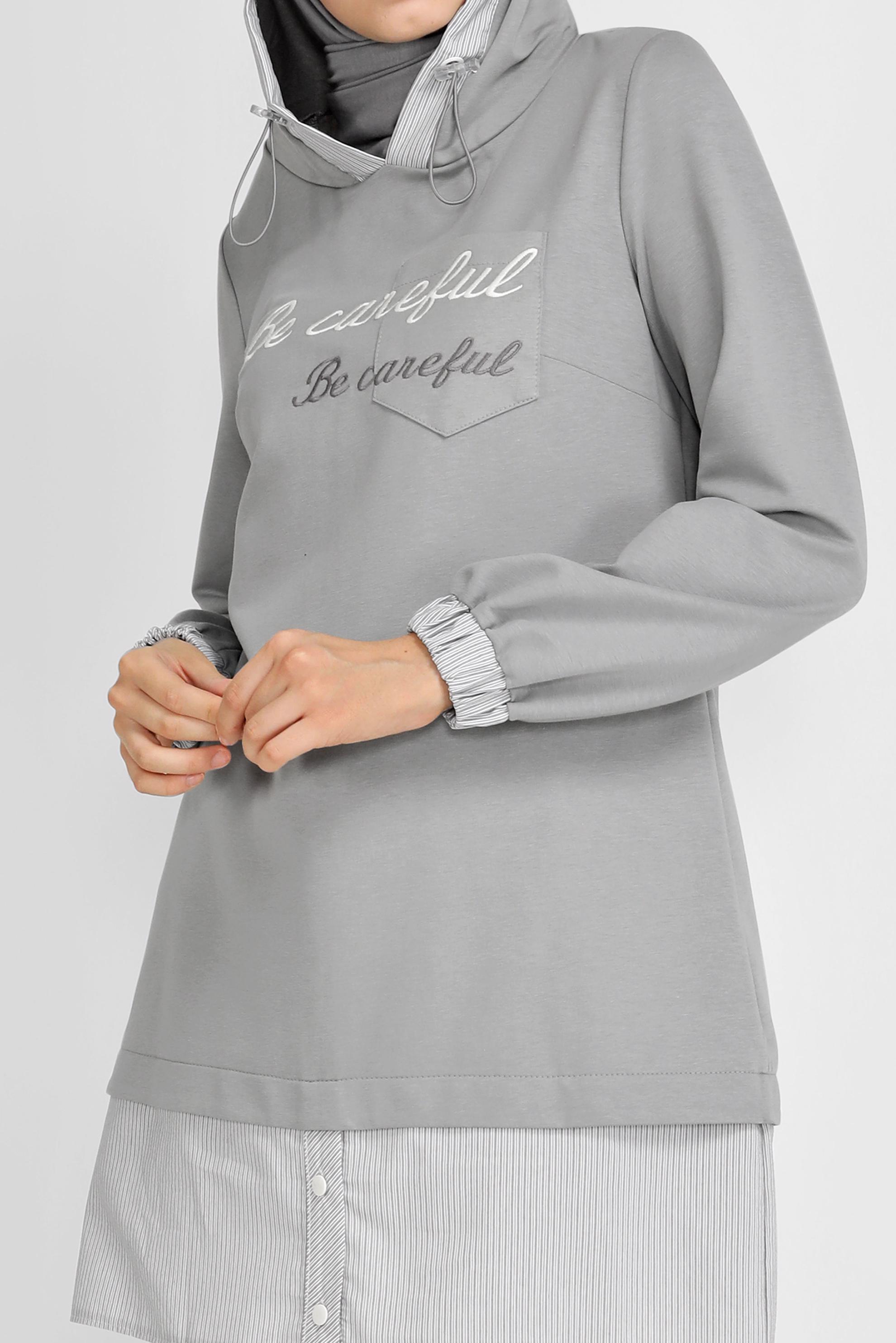 Tesettür giyim GRİ NAKIŞLI MANŞETLERİ LASTİKLİ TUNİK 41691