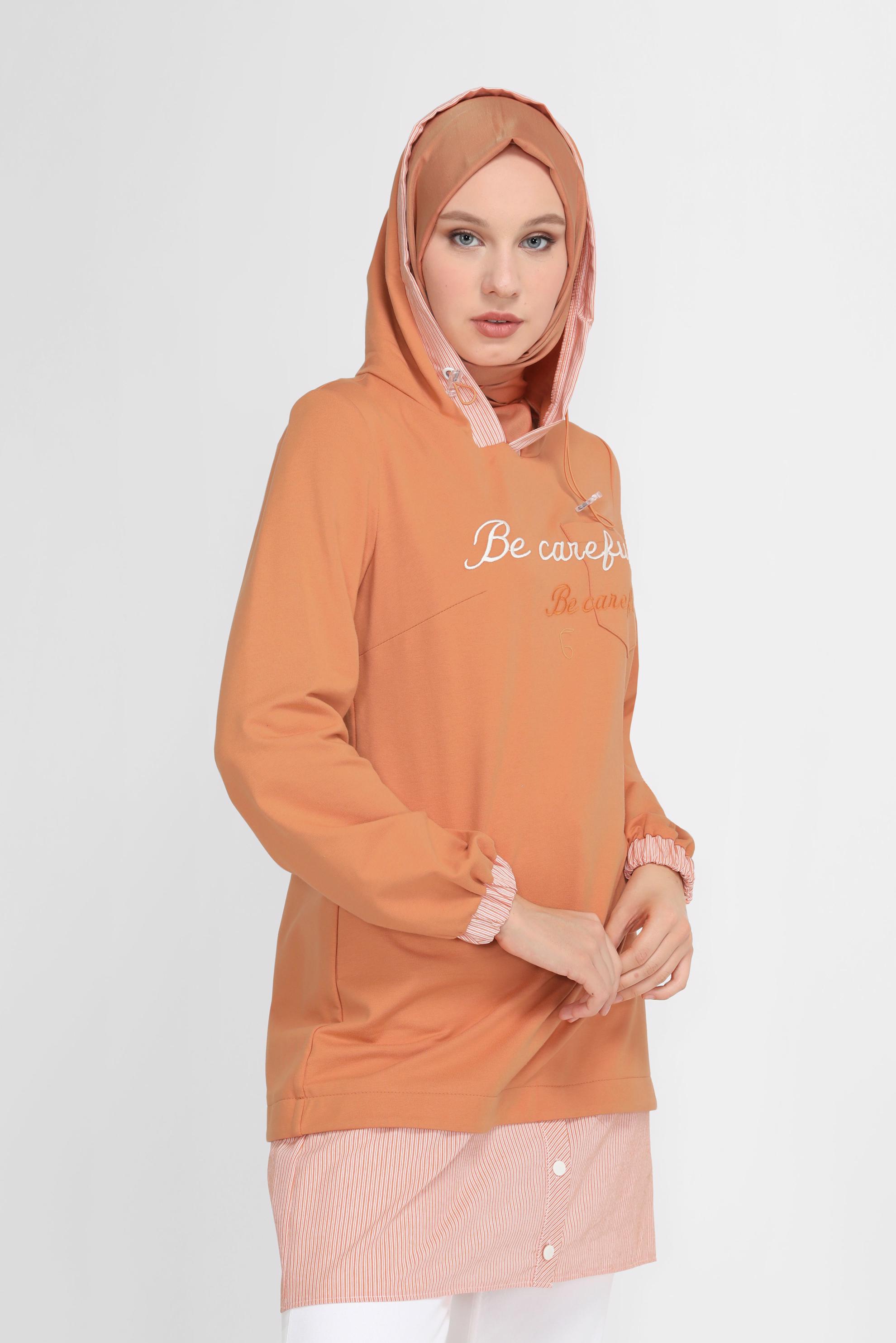 Tesettür giyim TURUNCU NAKIŞLI MANŞETLERİ LASTİKLİ TUNİK 41691