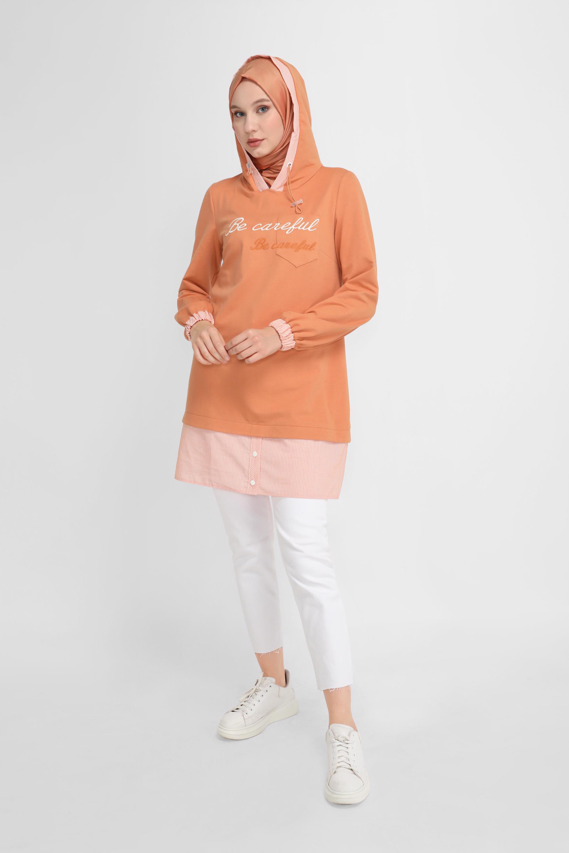 Tesettür giyim TURUNCU NAKIŞLI MANŞETLERİ LASTİKLİ TUNİK 41691