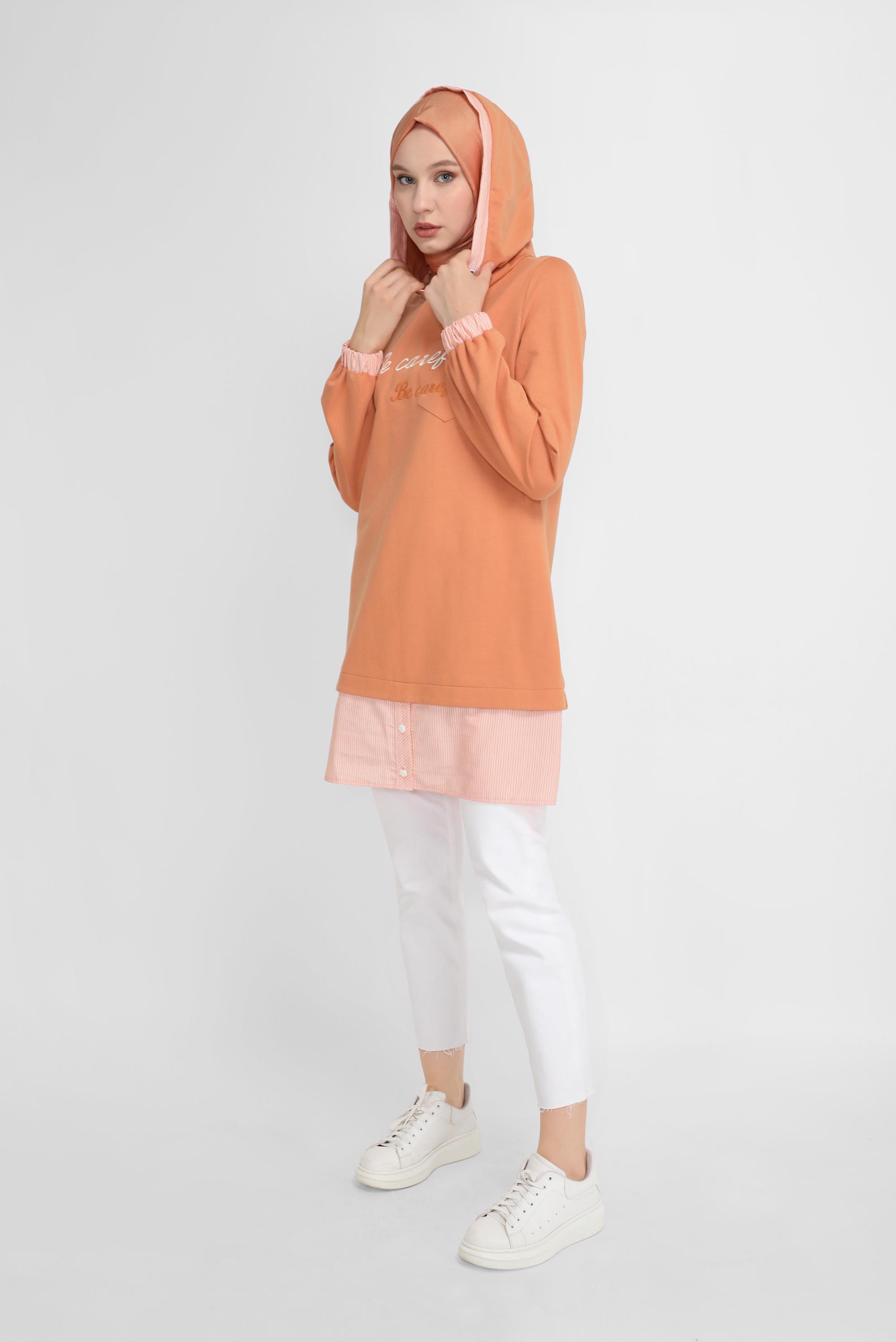 Tesettür giyim TURUNCU NAKIŞLI MANŞETLERİ LASTİKLİ TUNİK 41691