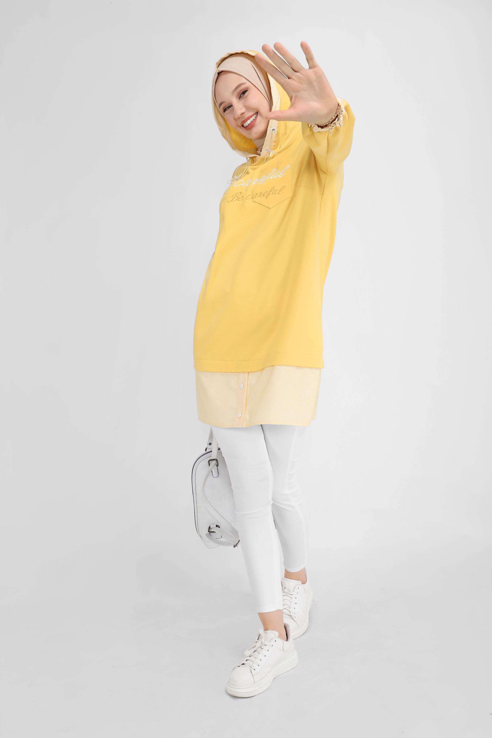 Tesettür giyim SARI NAKIŞLI MANŞETLERİ LASTİKLİ TUNİK 41691