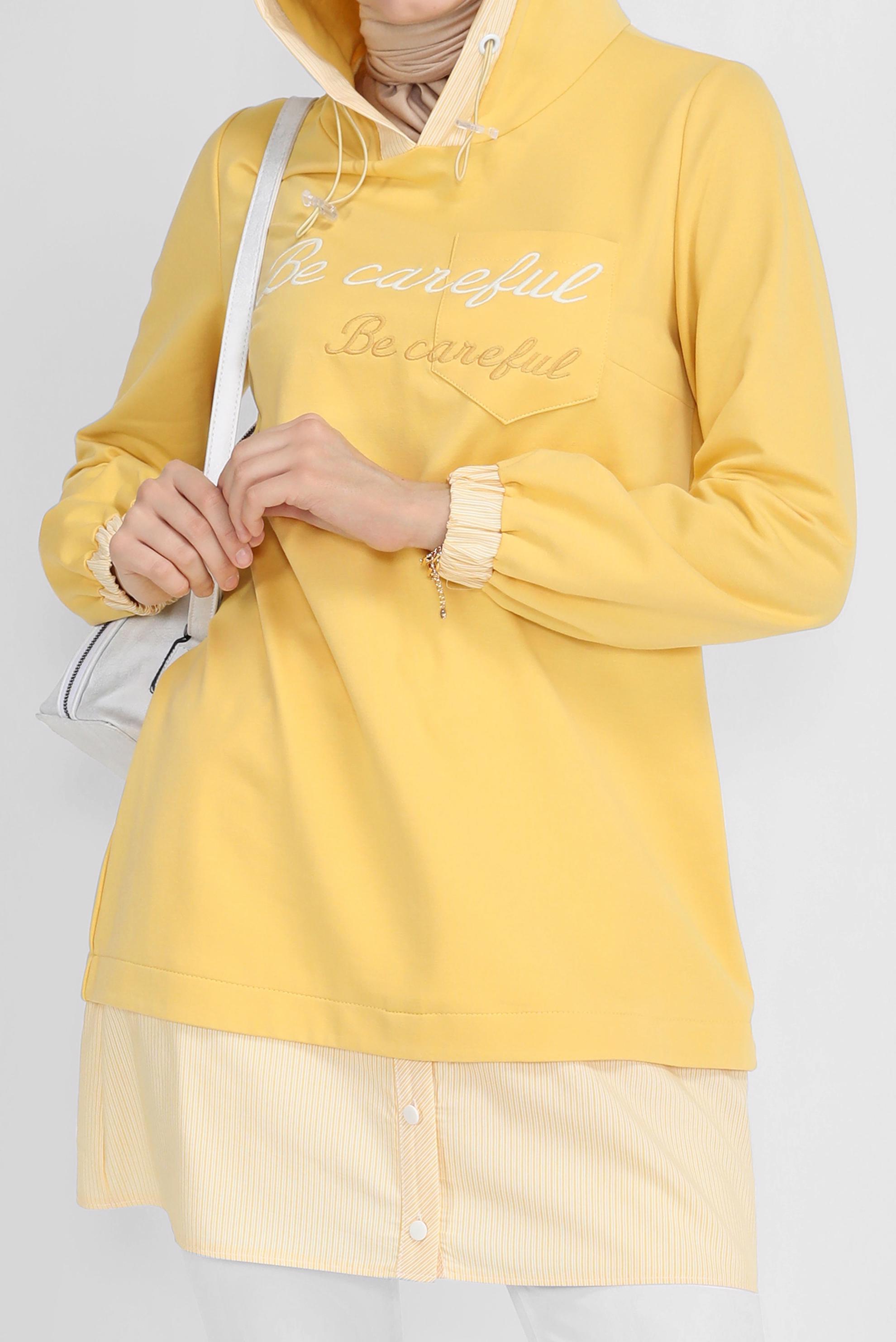 Tesettür giyim SARI NAKIŞLI MANŞETLERİ LASTİKLİ TUNİK 41691