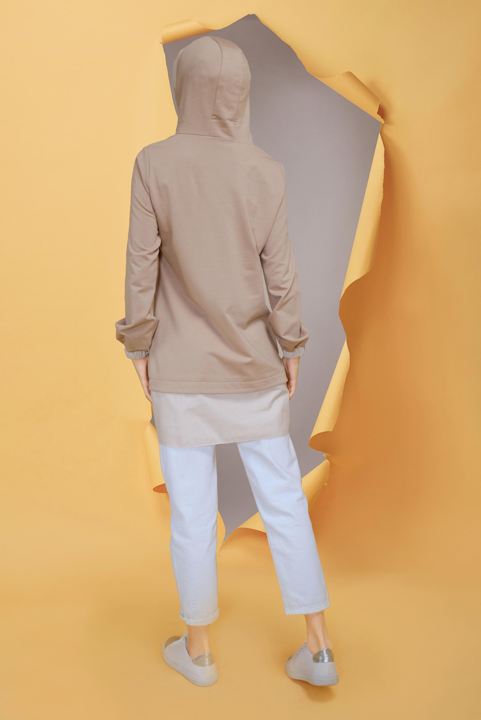 Tesettür giyim BEJ NAKIŞLI MANŞETLERİ LASTİKLİ TUNİK 41691