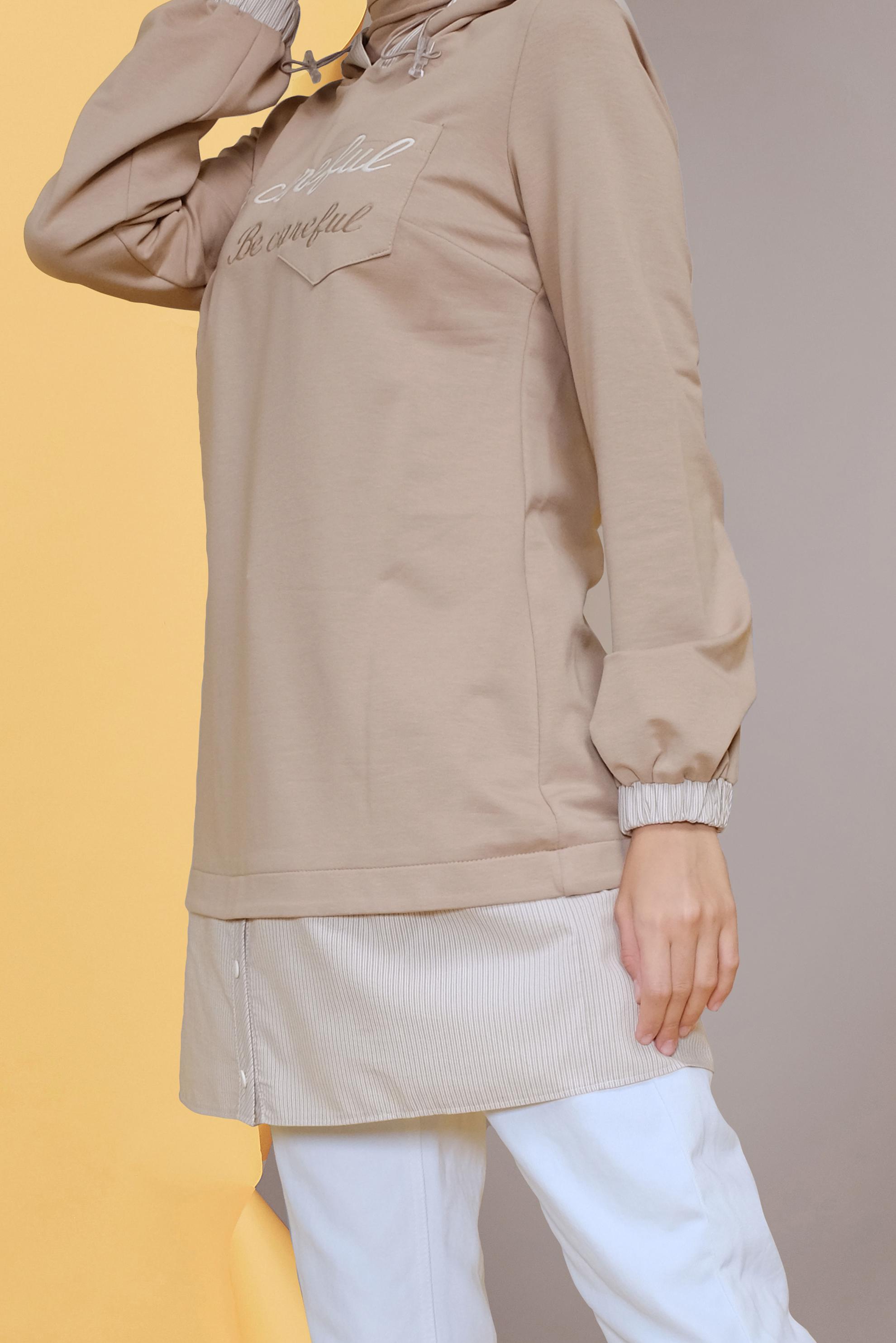 Tesettür giyim BEJ NAKIŞLI MANŞETLERİ LASTİKLİ TUNİK 41691