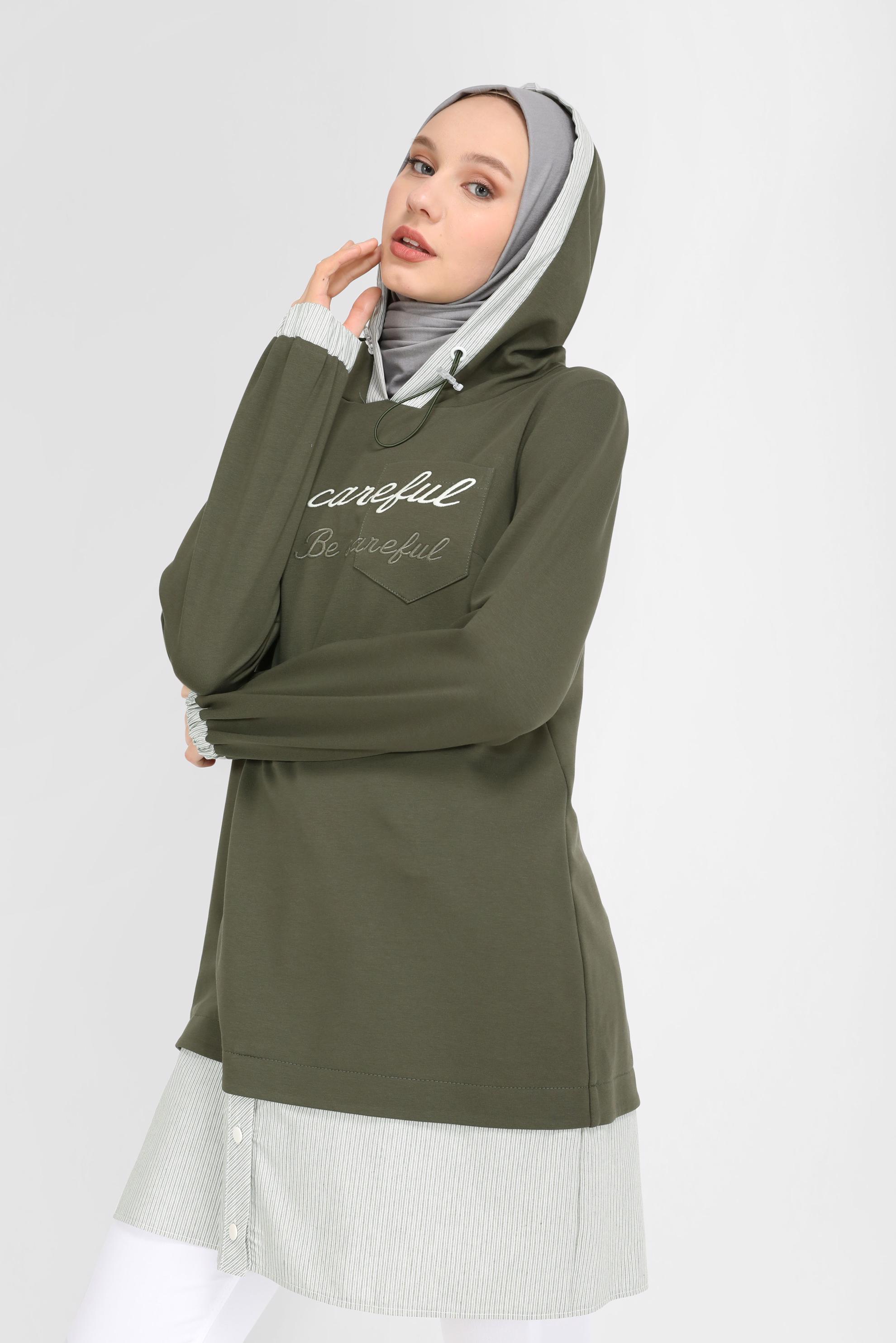 Tesettür giyim HAKİ NAKIŞLI MANŞETLERİ LASTİKLİ TUNİK 41691