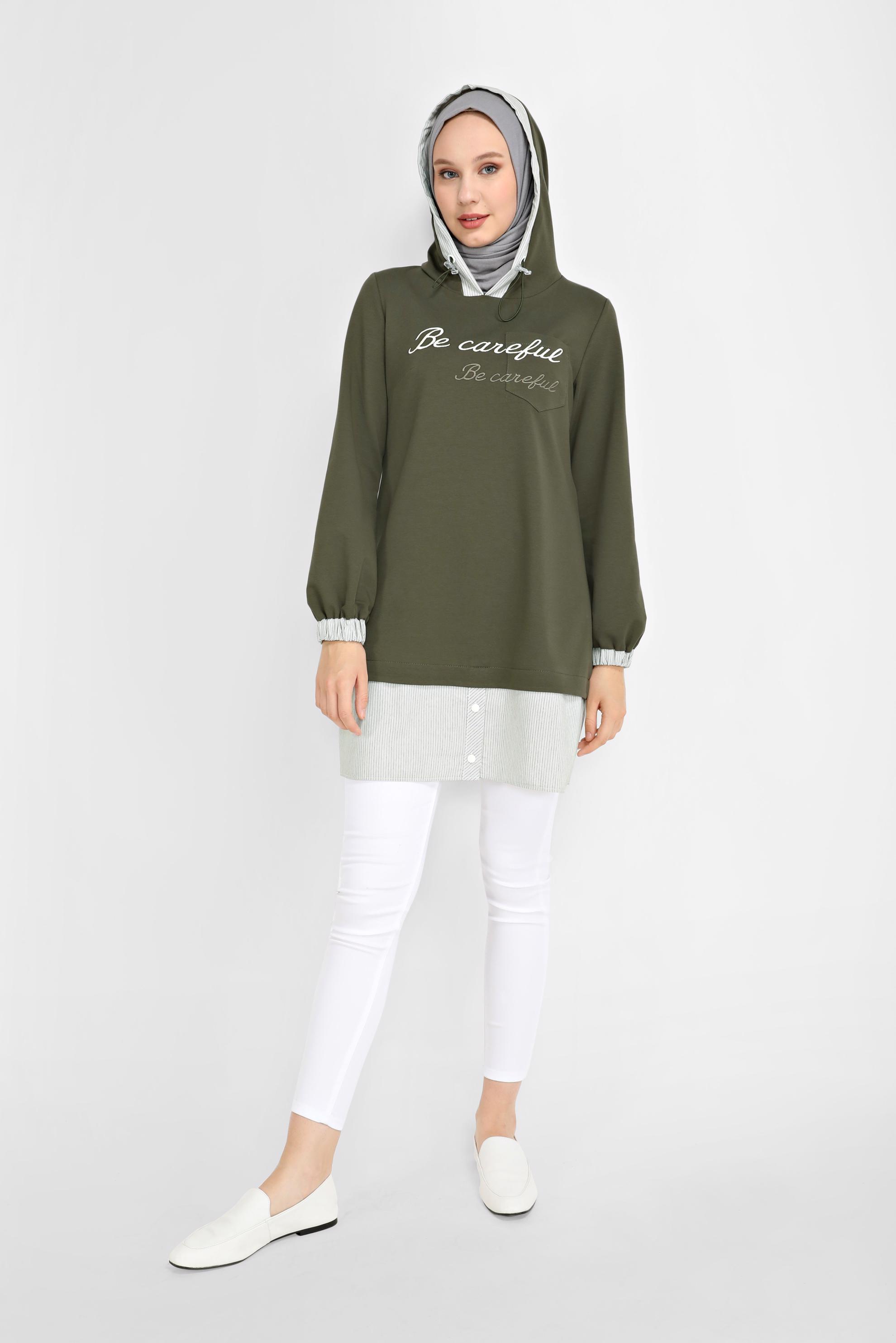 Tesettür giyim HAKİ NAKIŞLI MANŞETLERİ LASTİKLİ TUNİK 41691