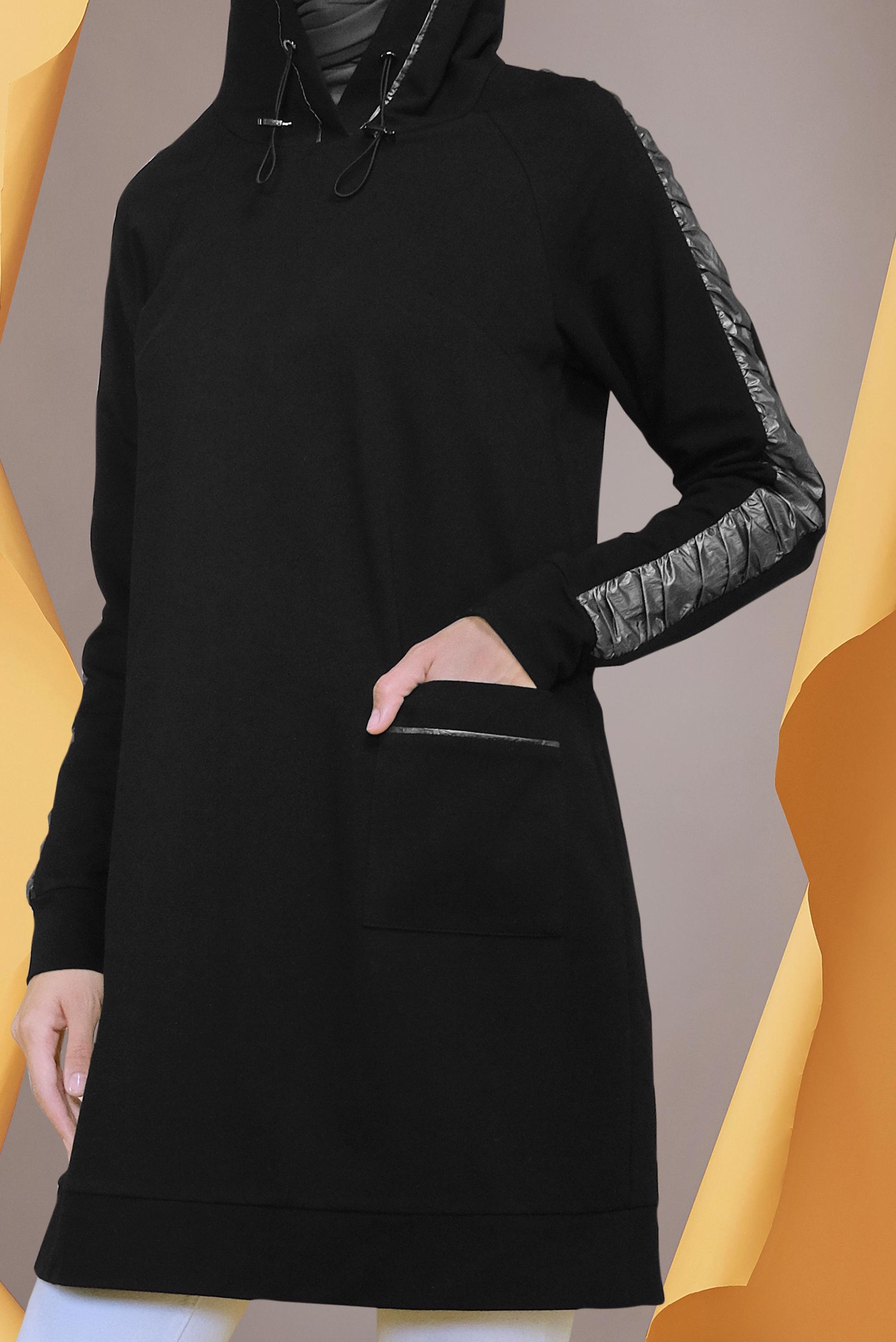 Tesettür giyim SİYAH YALDIZ BASKILI KAPÜŞONU BAĞCIKLI TUNİK 41692 