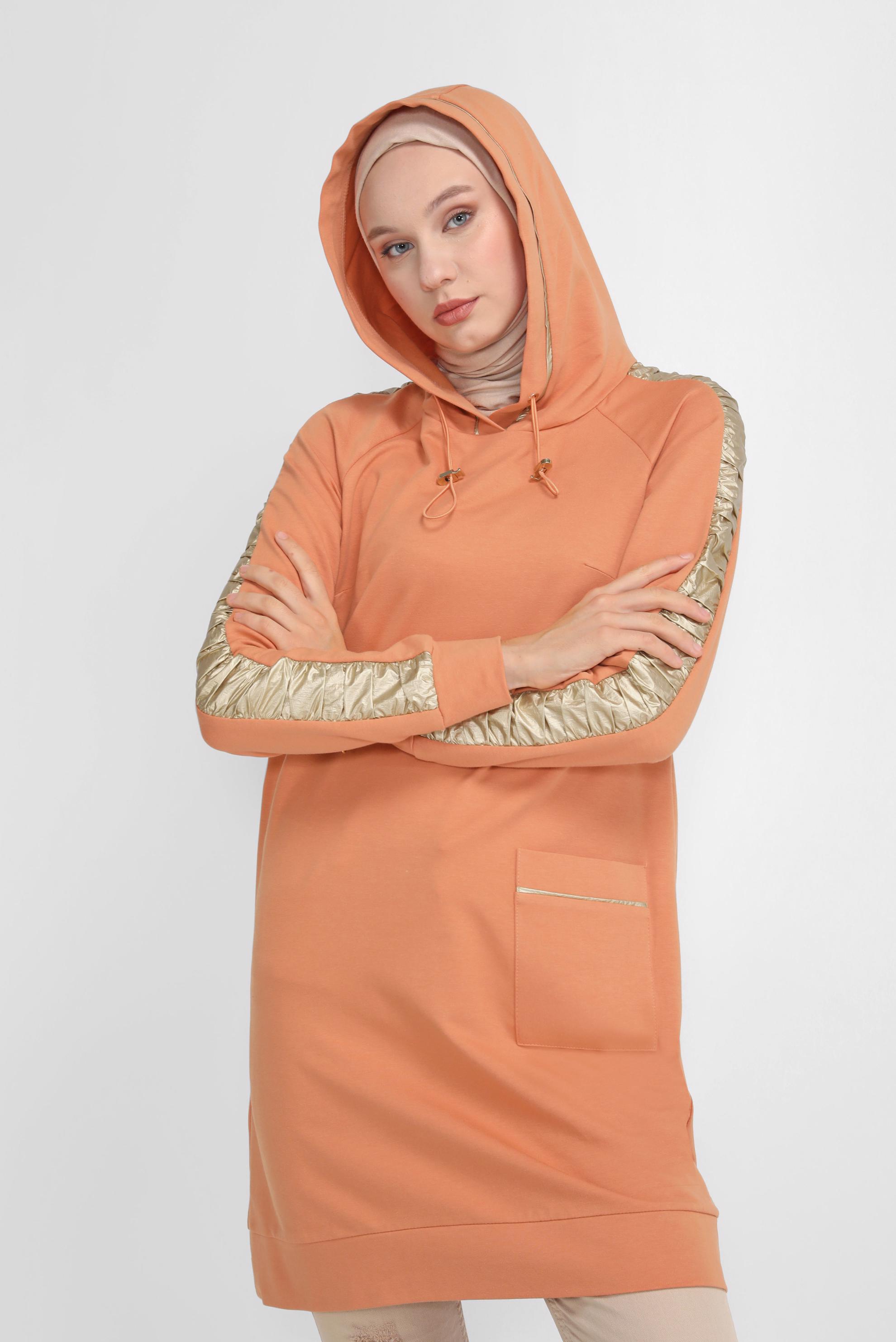 Tesettür giyim TURUNCU YALDIZ BASKILI KAPÜŞONU BAĞCIKLI TUNİK 41692 