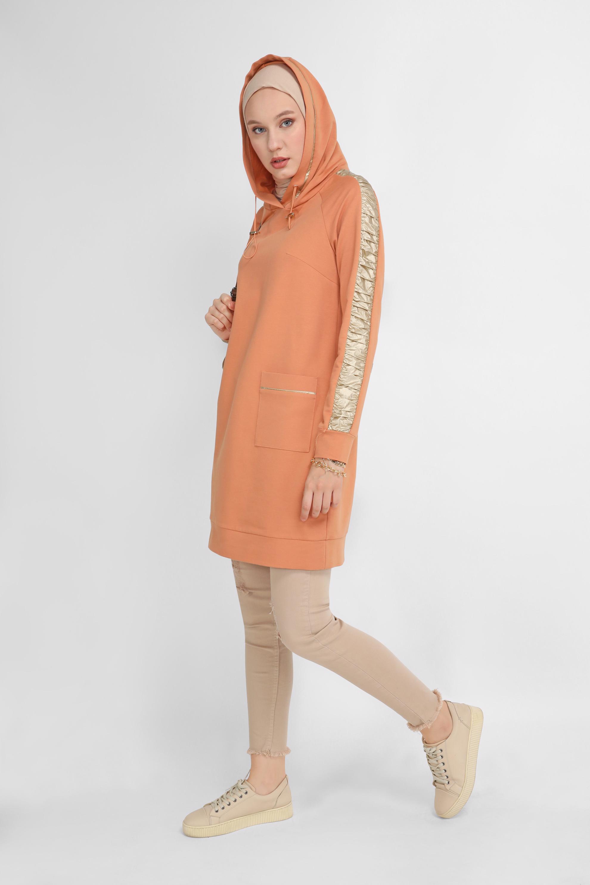 Tesettür giyim TURUNCU YALDIZ BASKILI KAPÜŞONU BAĞCIKLI TUNİK 41692 