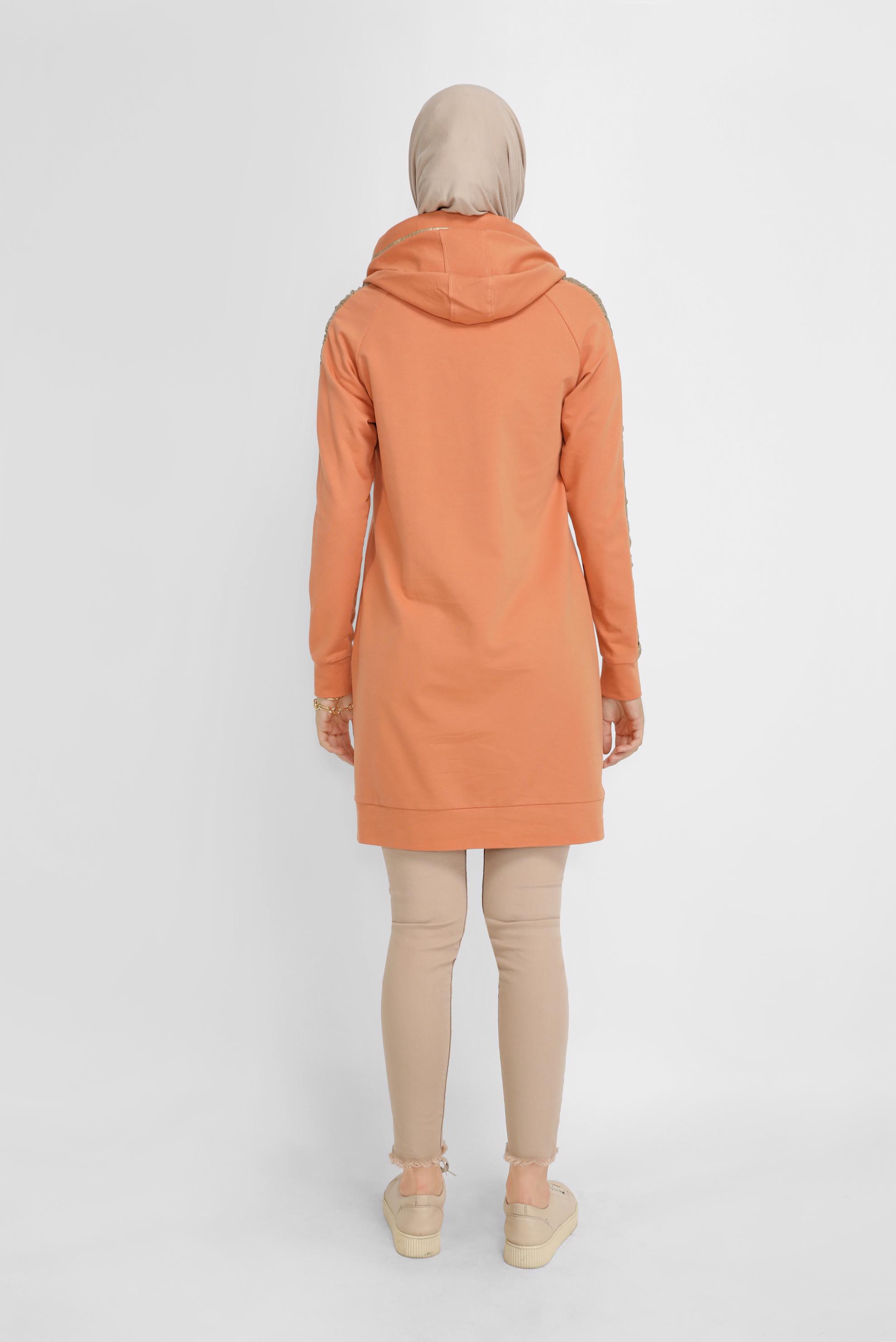 Tesettür giyim TURUNCU YALDIZ BASKILI KAPÜŞONU BAĞCIKLI TUNİK 41692 