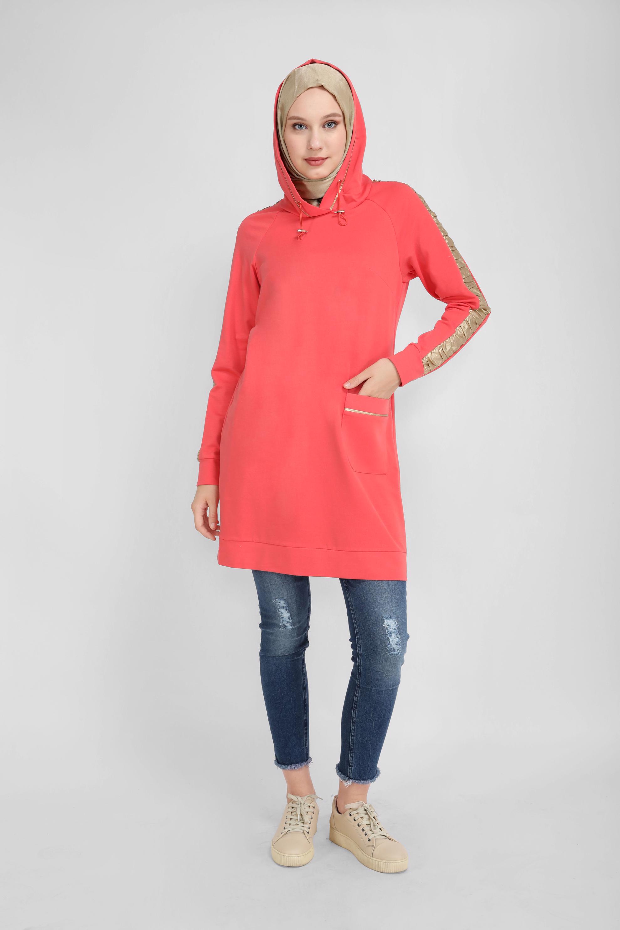 Tesettür giyim MERCAN YALDIZ BASKILI KAPÜŞONU BAĞCIKLI TUNİK 41692 