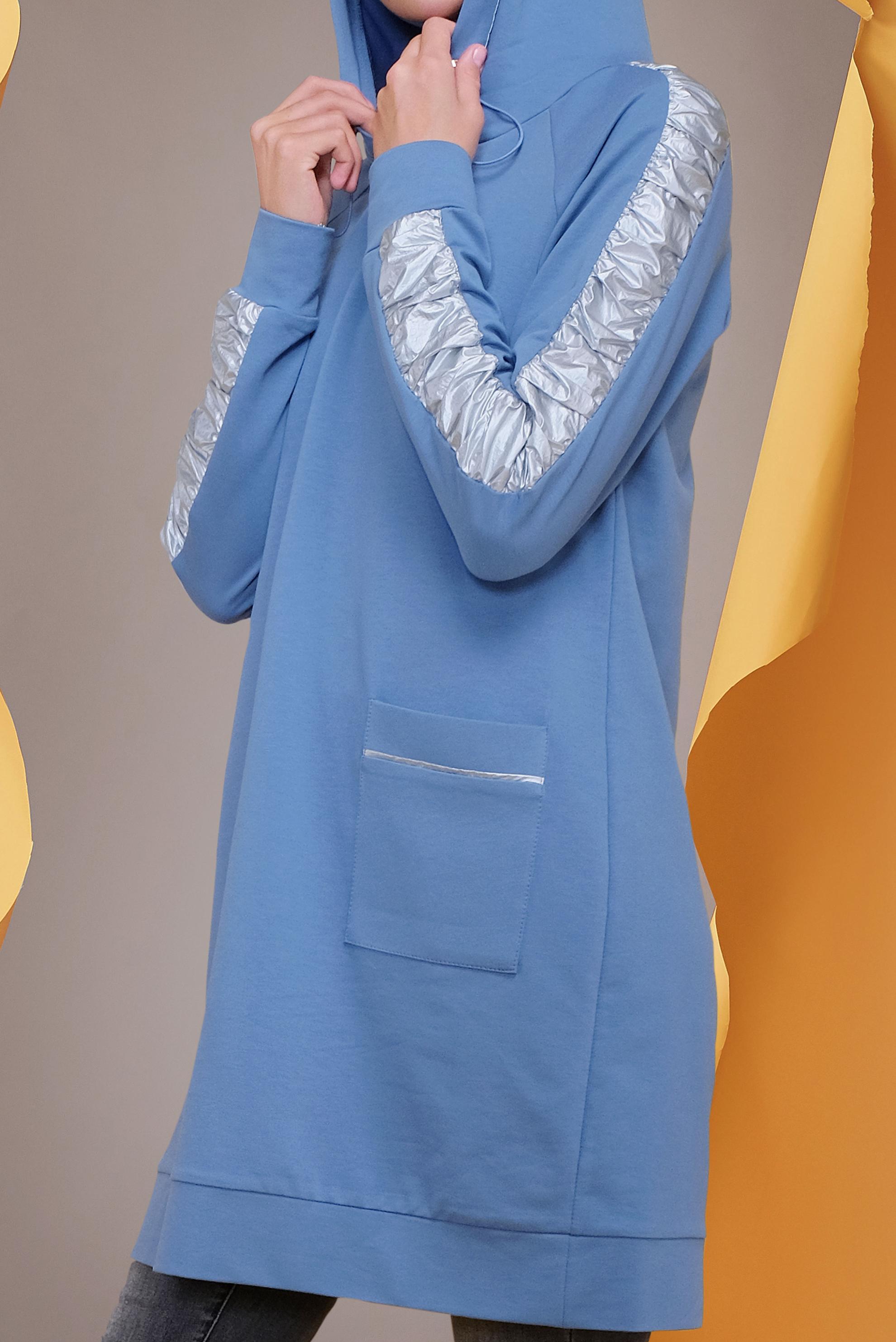 Tesettür giyim MAVİ YALDIZ BASKILI KAPÜŞONU BAĞCIKLI TUNİK 41692 