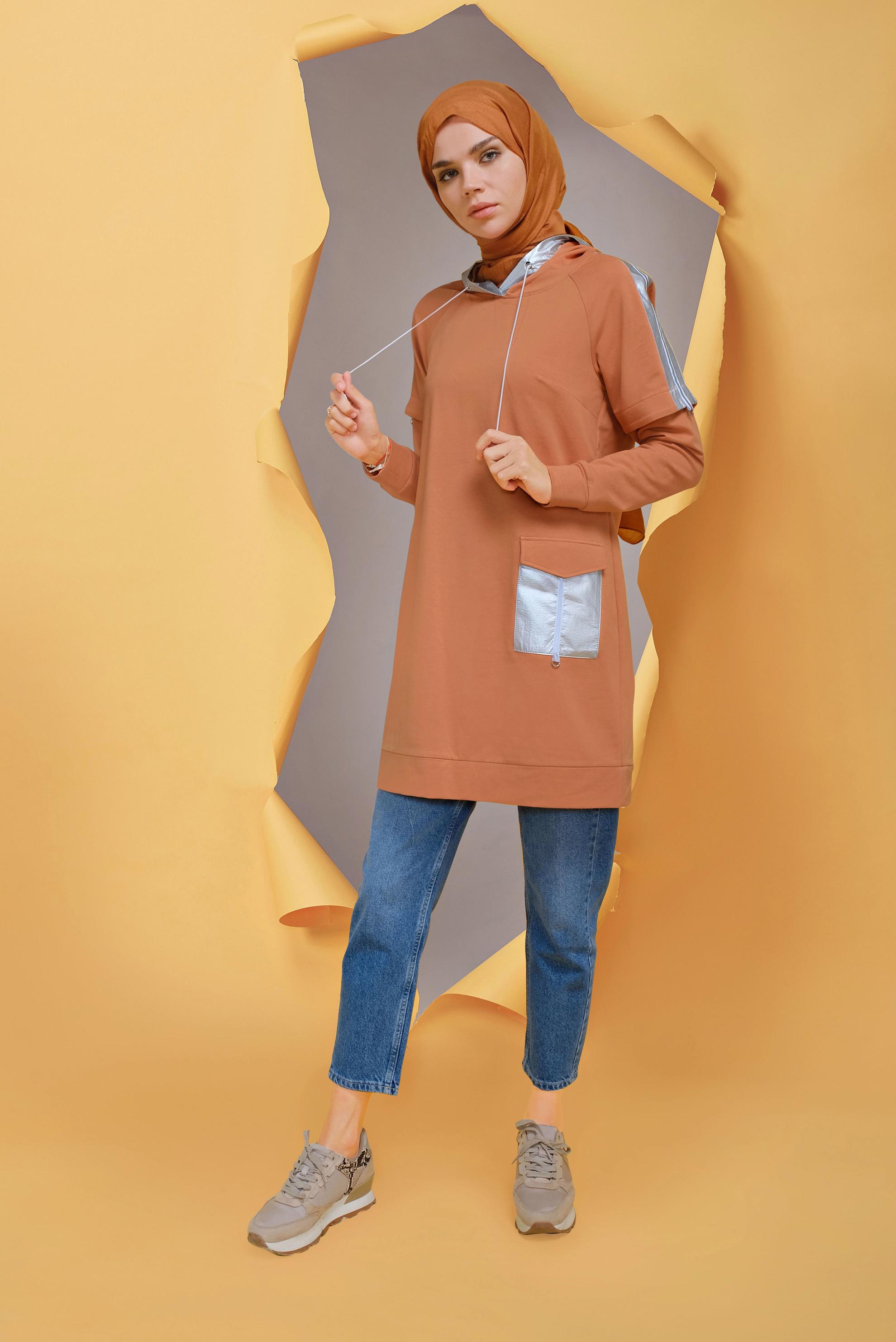 Tesettür giyim TURUNCU CEP DETAYLI KAPÜŞONLU TUNİK 41693