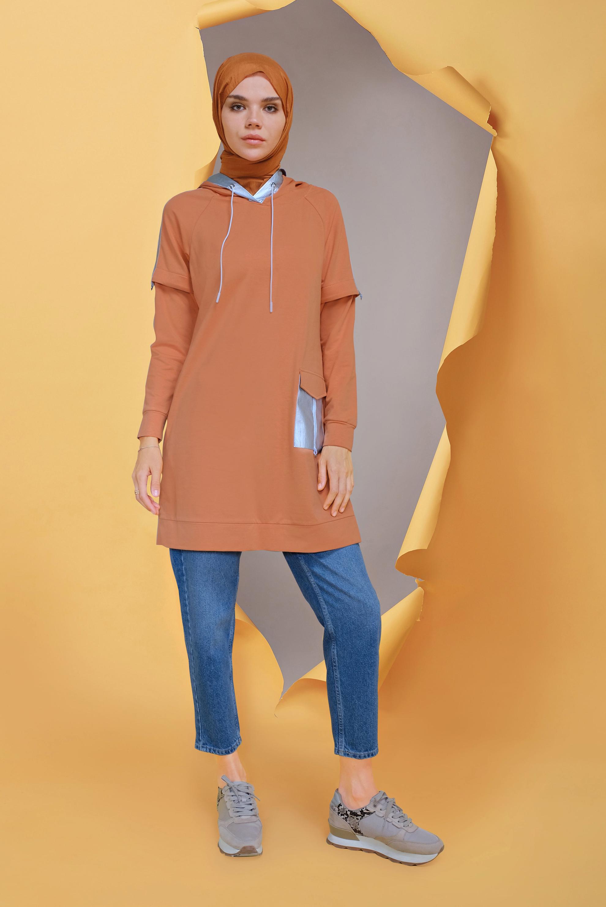 Tesettür giyim TURUNCU CEP DETAYLI KAPÜŞONLU TUNİK 41693