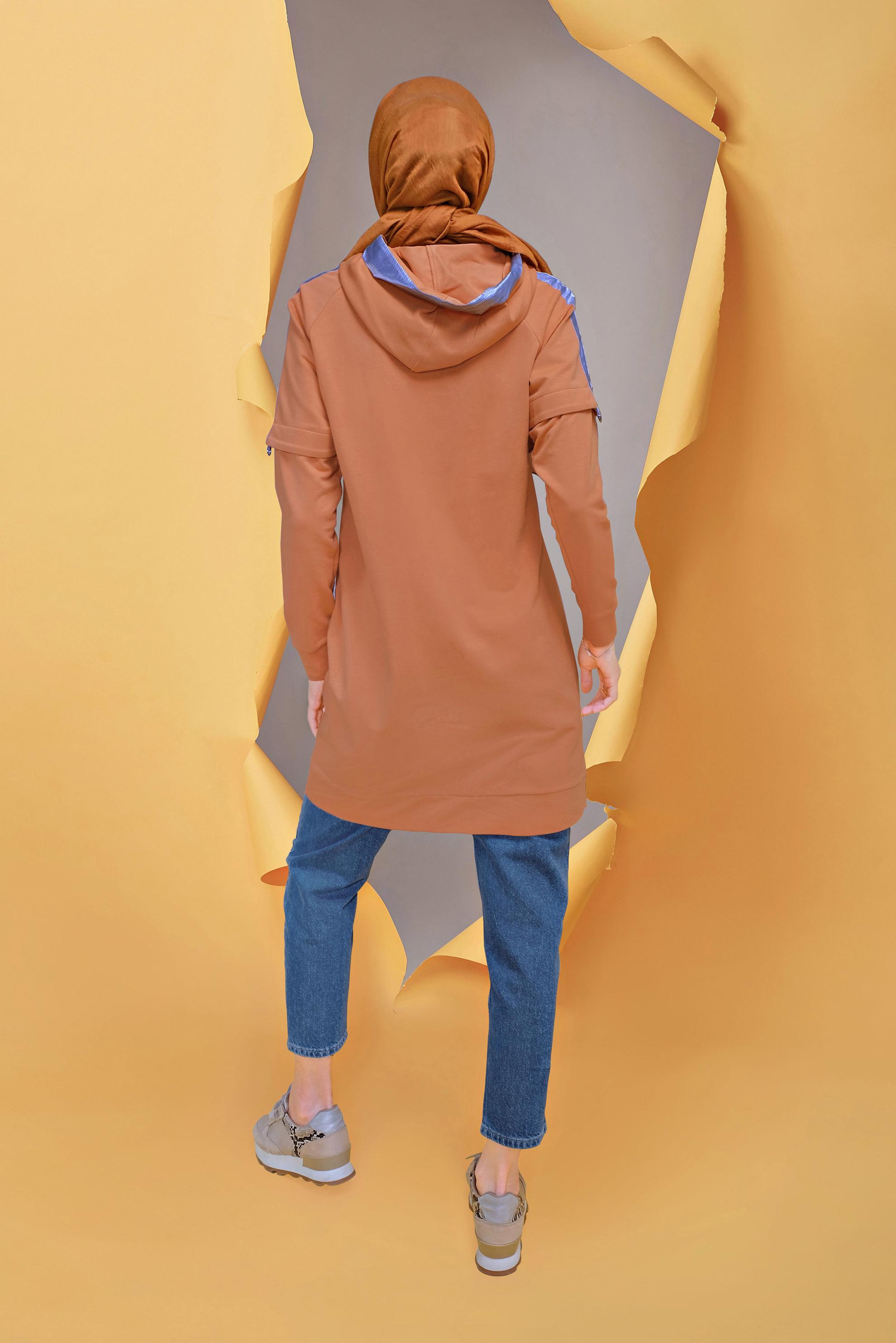 Tesettür giyim TURUNCU CEP DETAYLI KAPÜŞONLU TUNİK 41693