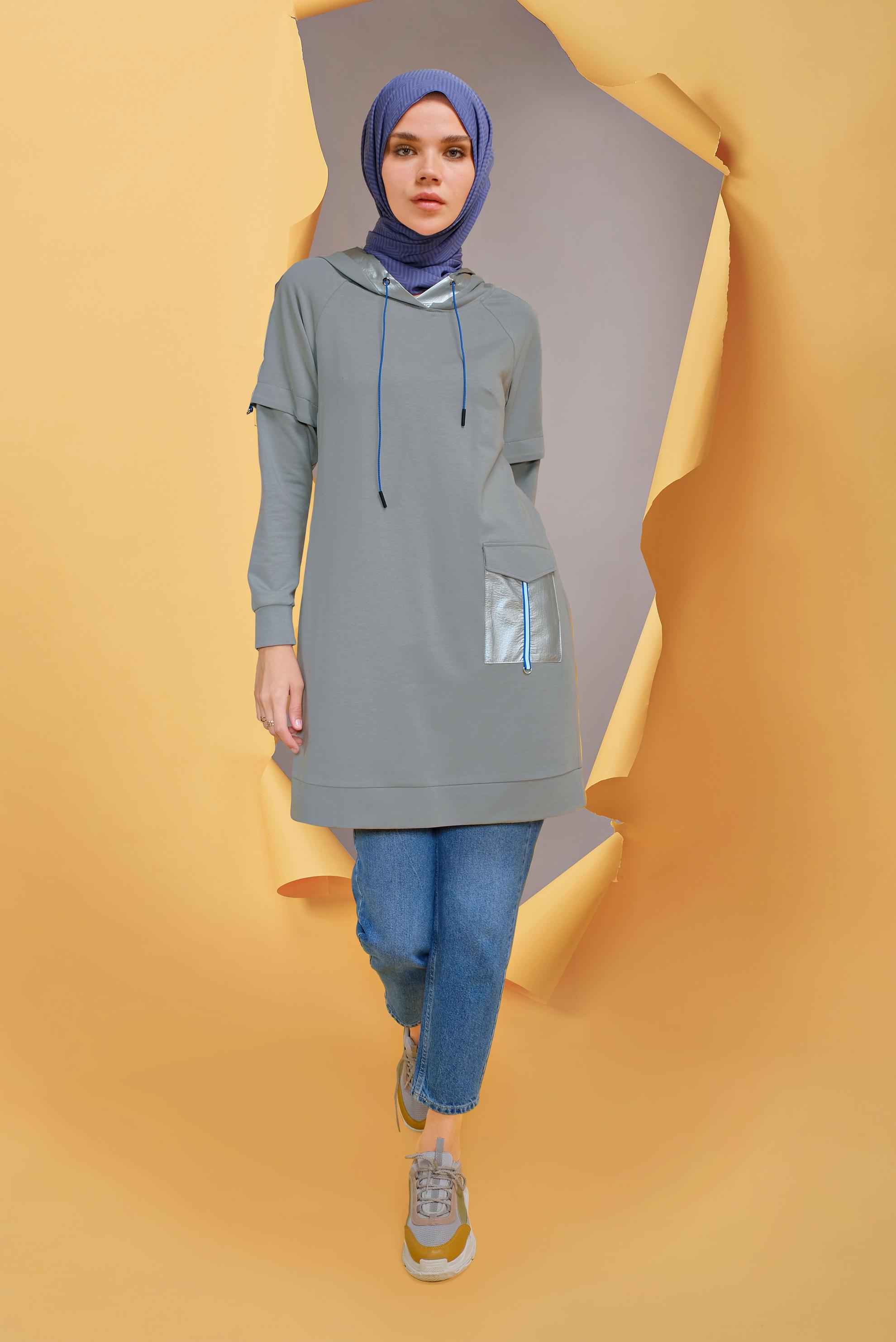 Tesettür giyim GÜMÜŞ CEP DETAYLI KAPÜŞONLU TUNİK 41693