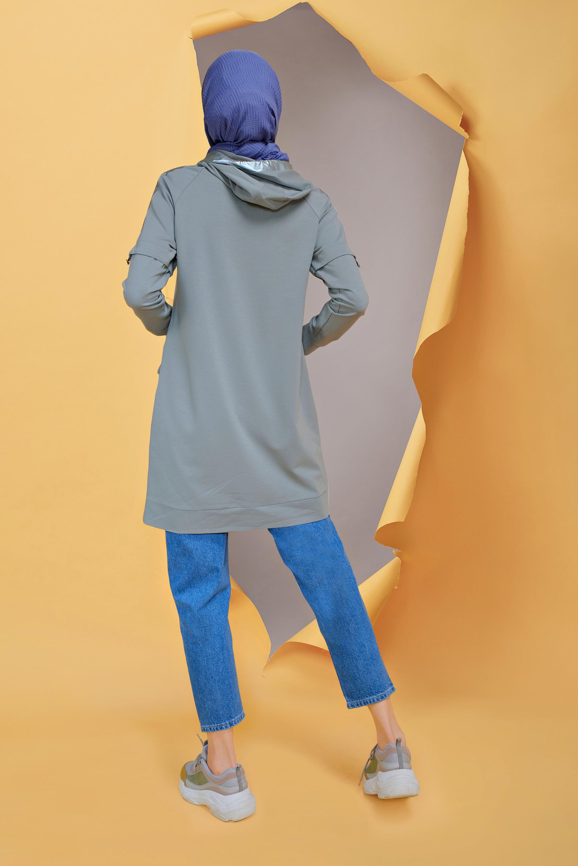 Tesettür giyim GÜMÜŞ CEP DETAYLI KAPÜŞONLU TUNİK 41693